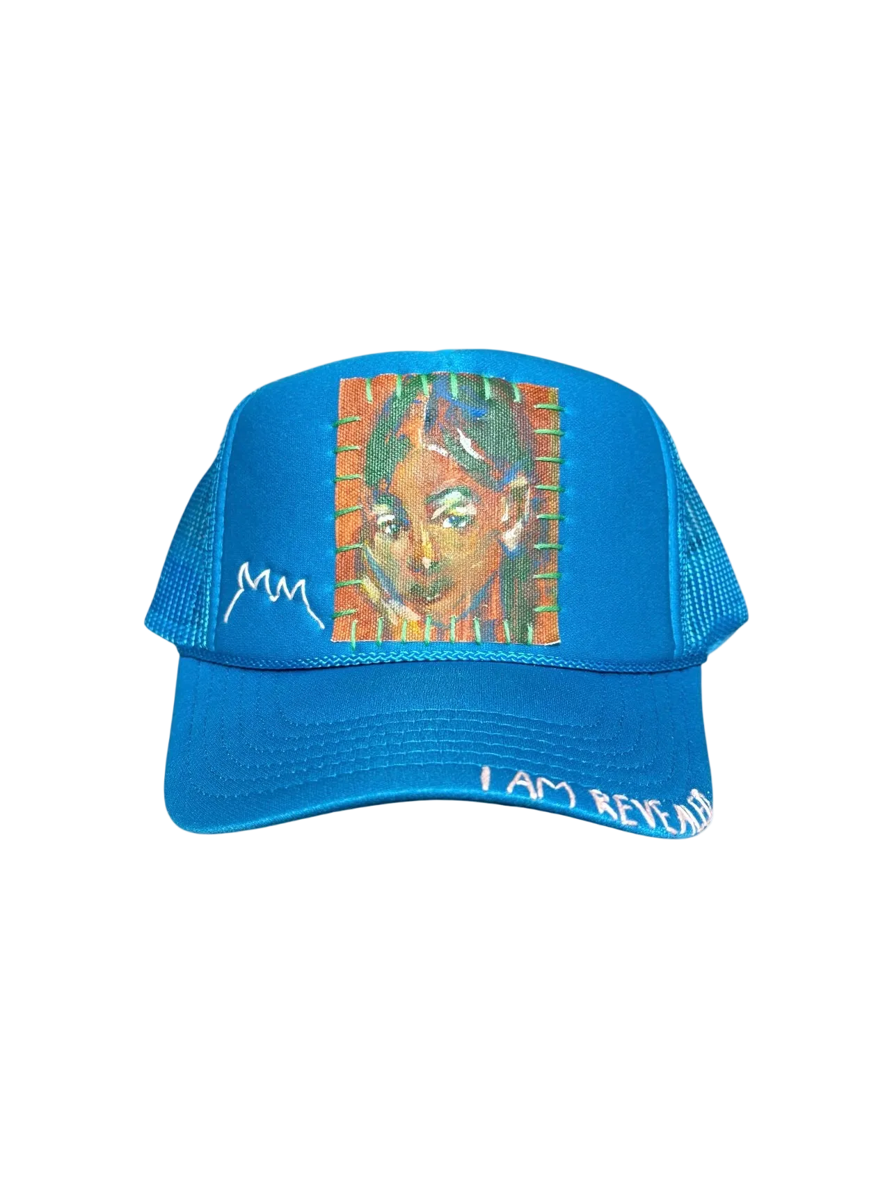 'Made In His Image' Hand-Painted & Embroidered Portrait on a Blue Strap-back Trucker by Makenna Morales • Unisex
