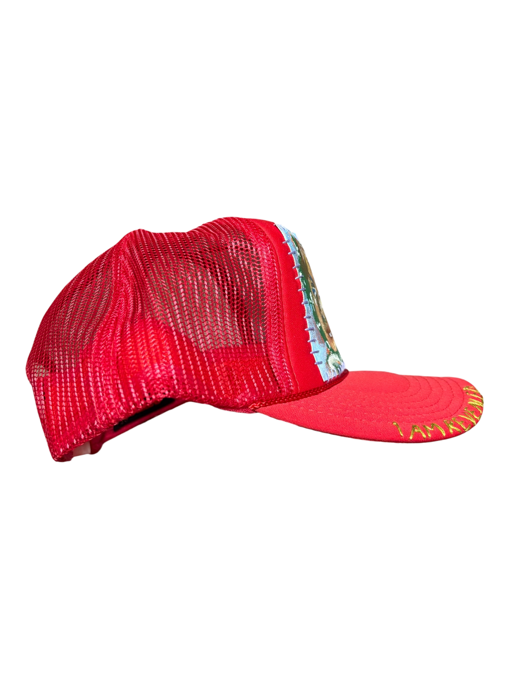 'Made In His Image' Hand-Painted & Embroidered Portrait on a Red Strap-back Trucker by Makenna Morales • Unisex
