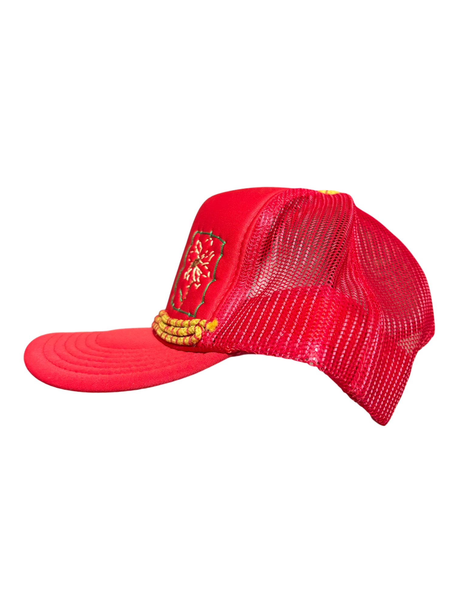 Hand-Embroidered Mixed-Media Sunflower on a Red Strap-back Trucker by Beth Little • Unisex