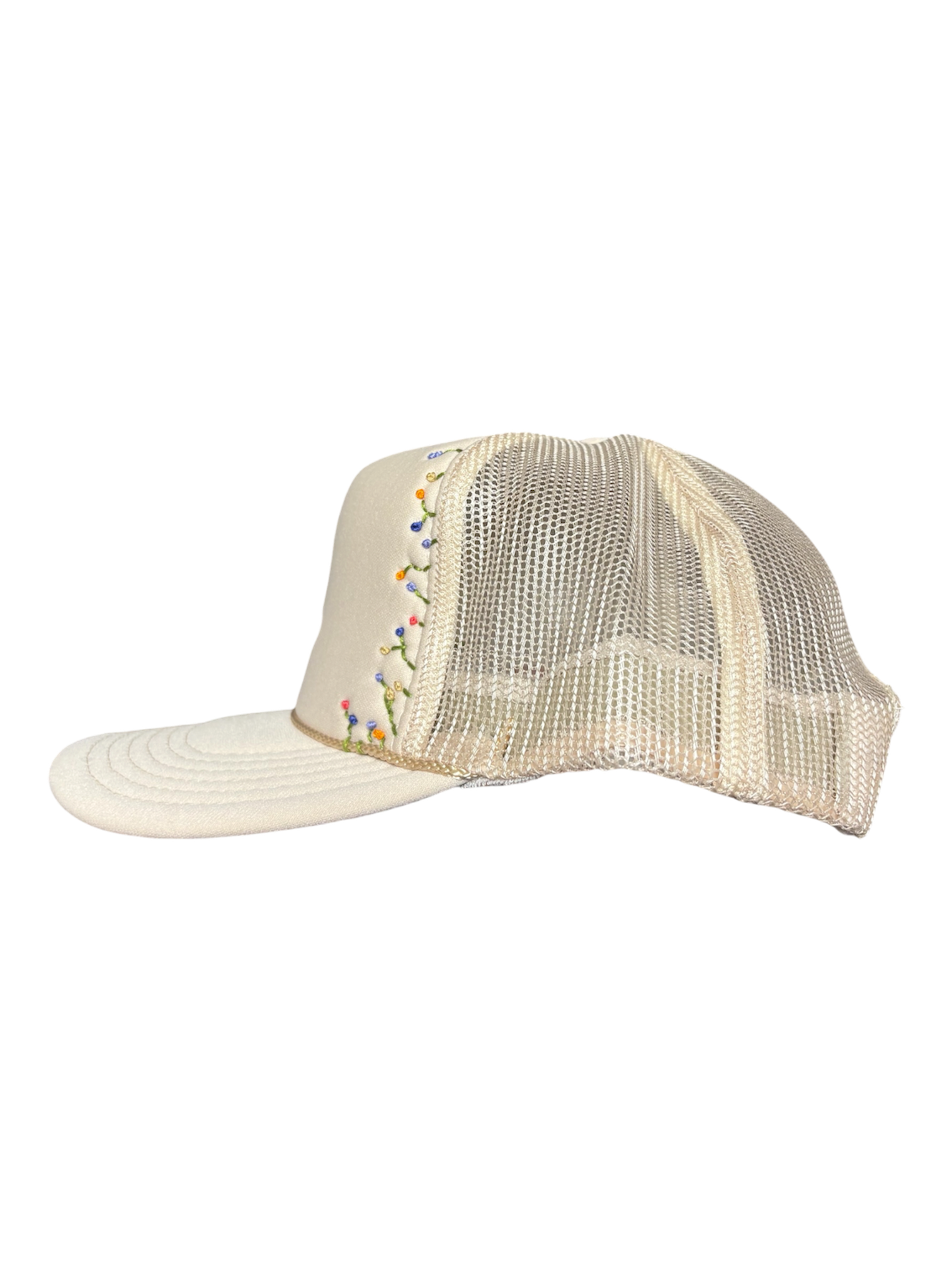 Hand-Embroidered Whimsical Wildflowers on Strap-back Trucker by JBM • Unisex