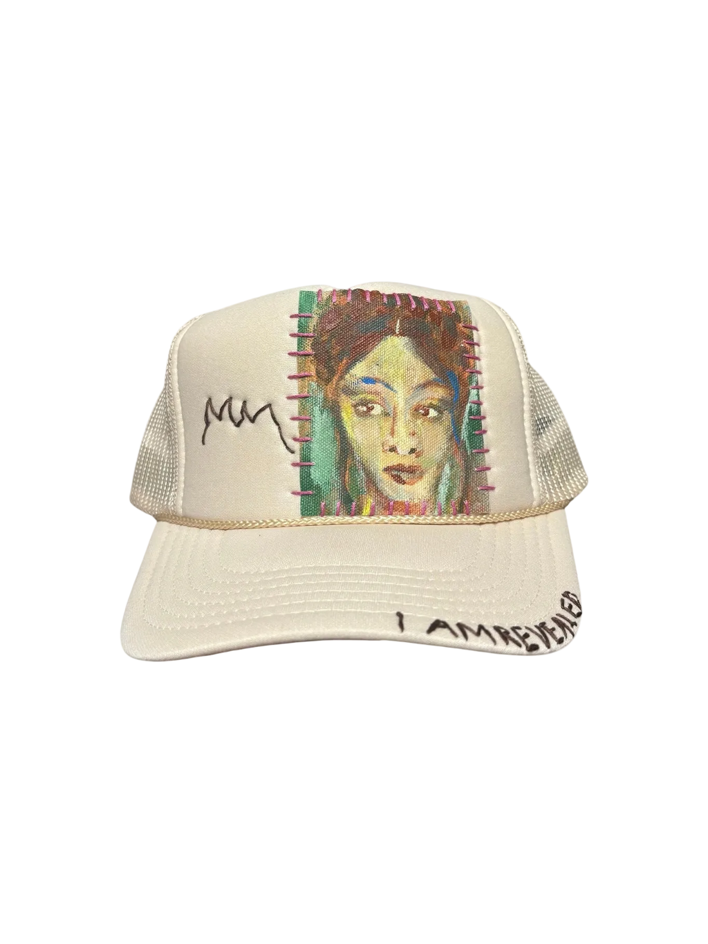 'Made In His Image' Hand-Painted & Embroidered Portrait on a Cream Strap-back Trucker by Makenna Morales • Unisex