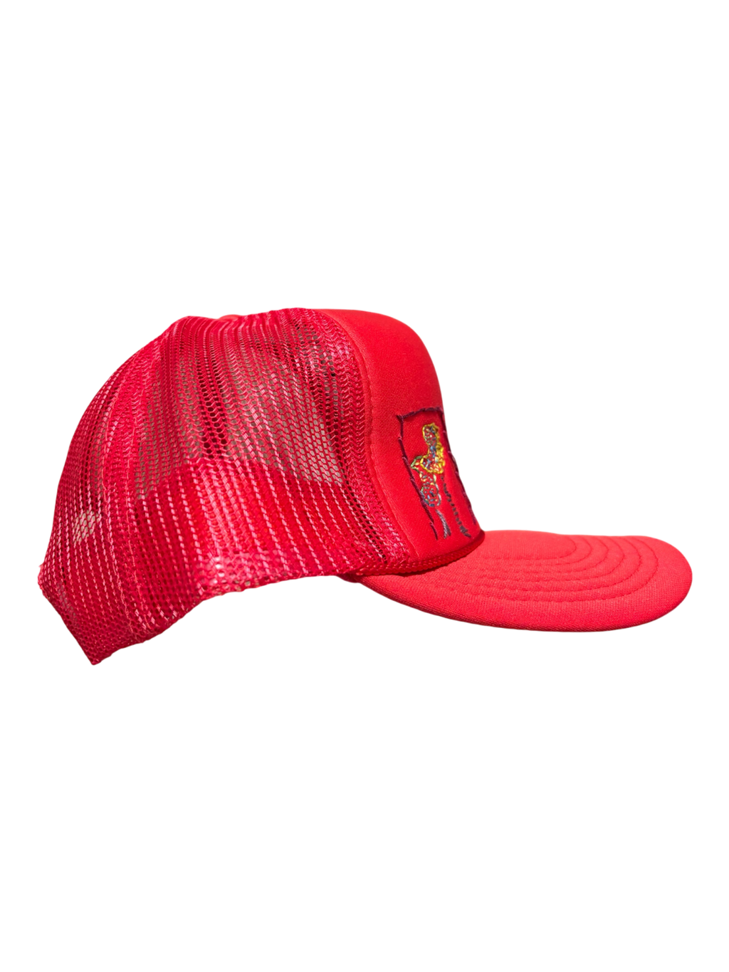 Hand-Embroidered Abstract Flowers on a Red Strap-back Trucker by Beth Little • Unisex