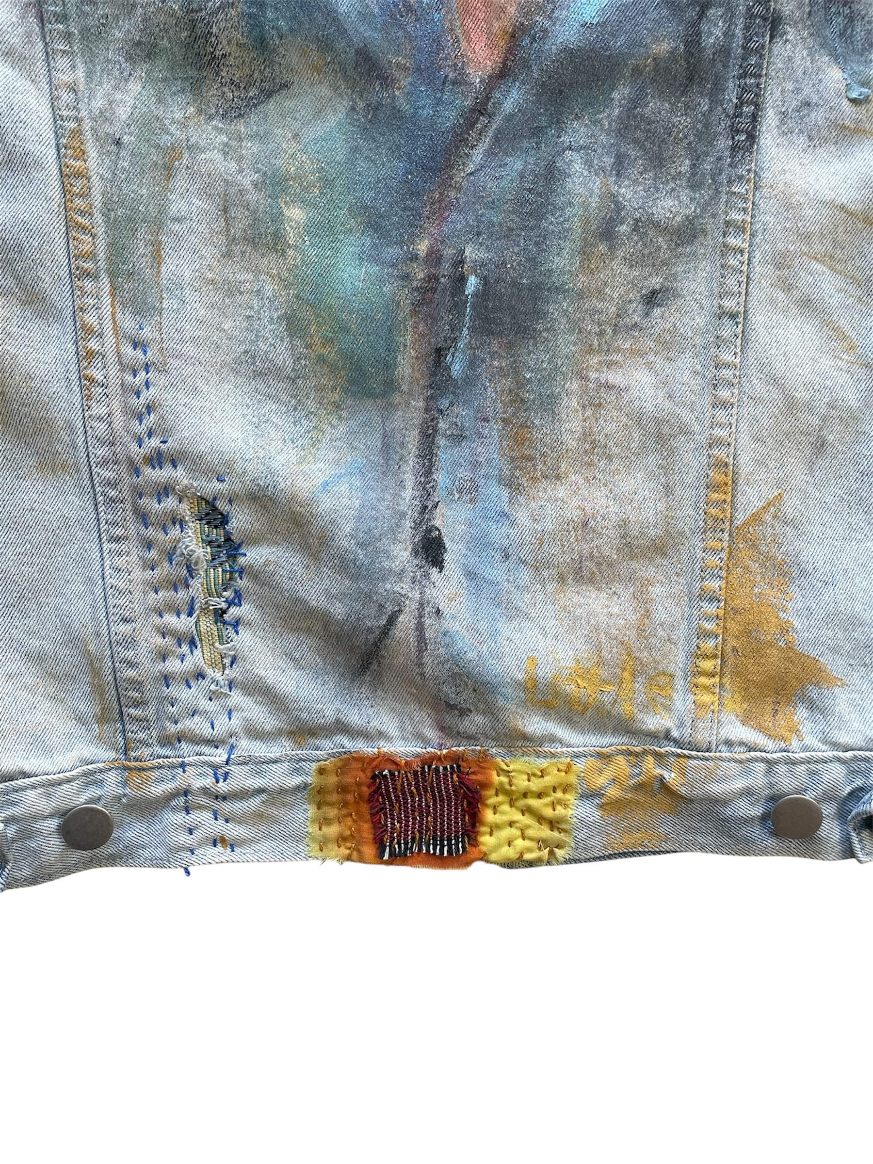 Hand-Painted and Hand-Stitched Portrait Design on Denim Jacket by little b • Unisex • L