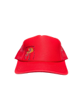 Hand-Embroidered Abstract Flowers on a Red Strap-back Trucker by Beth Little • Unisex