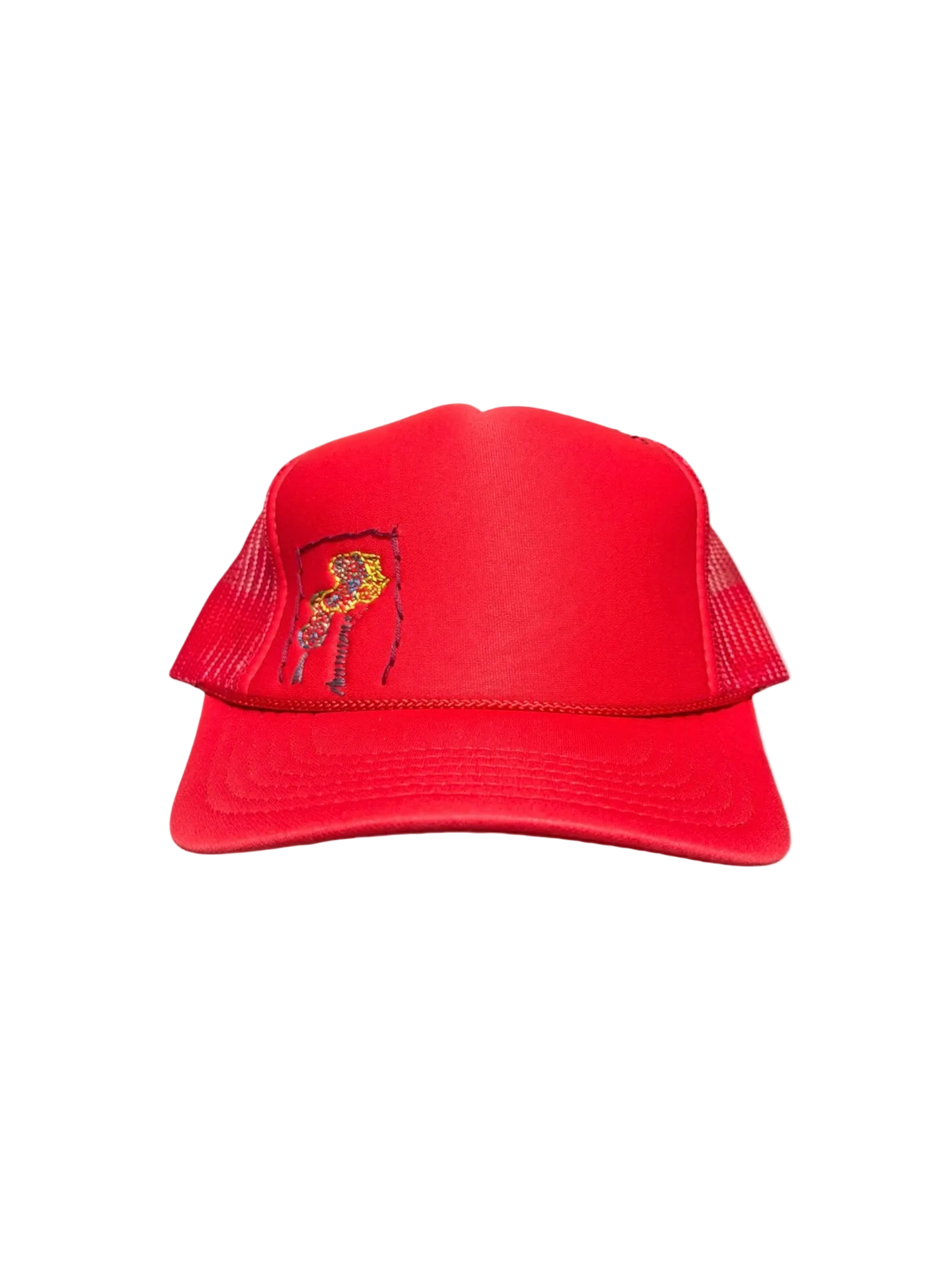 Hand-Embroidered Abstract Flowers on a Red Strap-back Trucker by Beth Little • Unisex