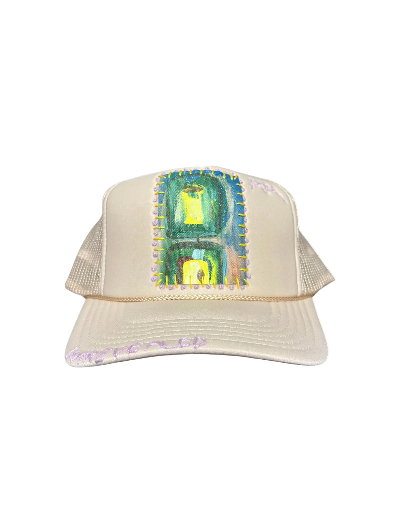'Be A Light' Hand-Painted & Stitched Abstract Art on Strap-back Trucker by Makenna M. • Unisex
