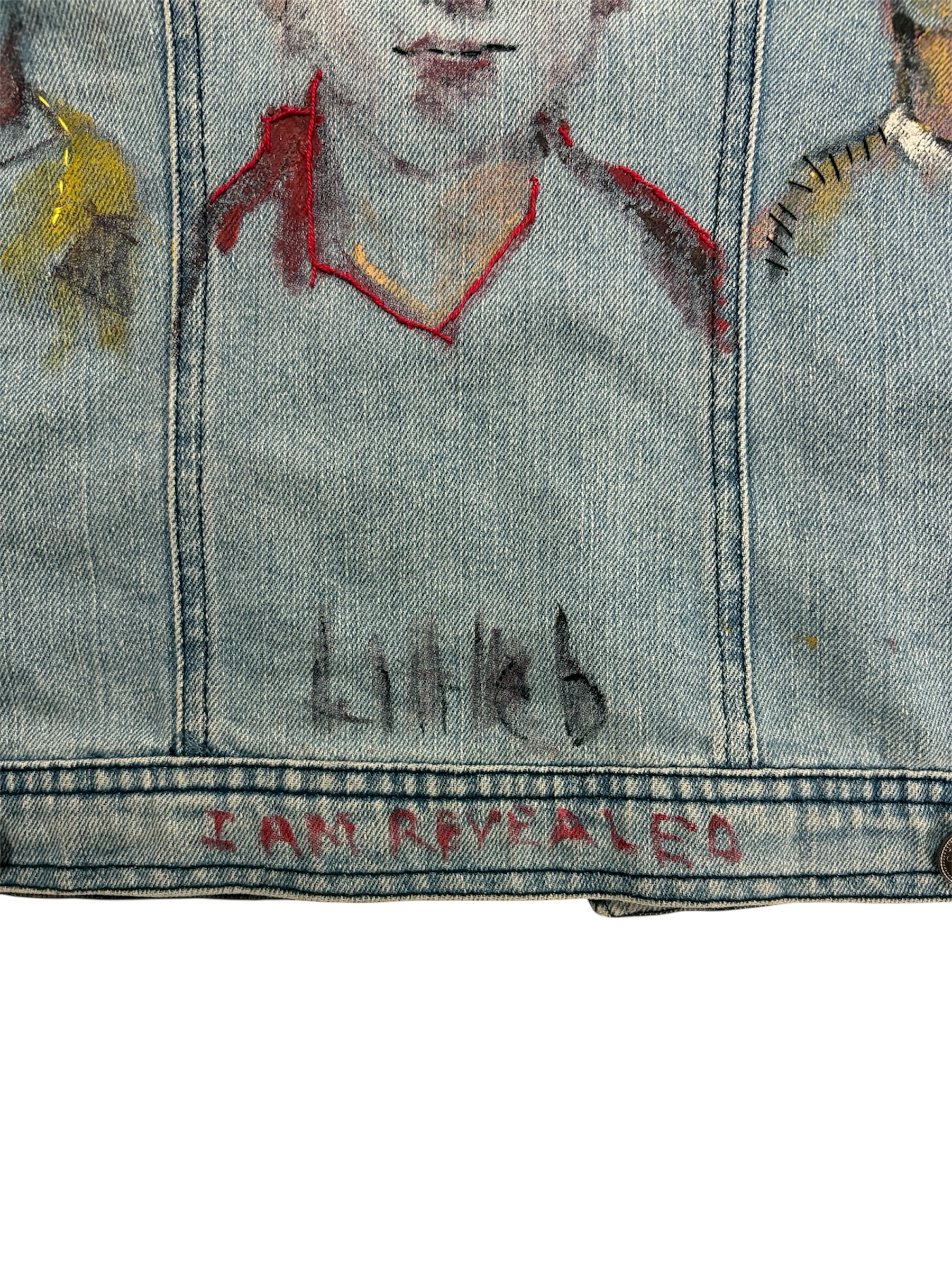 Hand-Painted and Stitched Portraits on Denim Jacket by Little b • Women’s • M