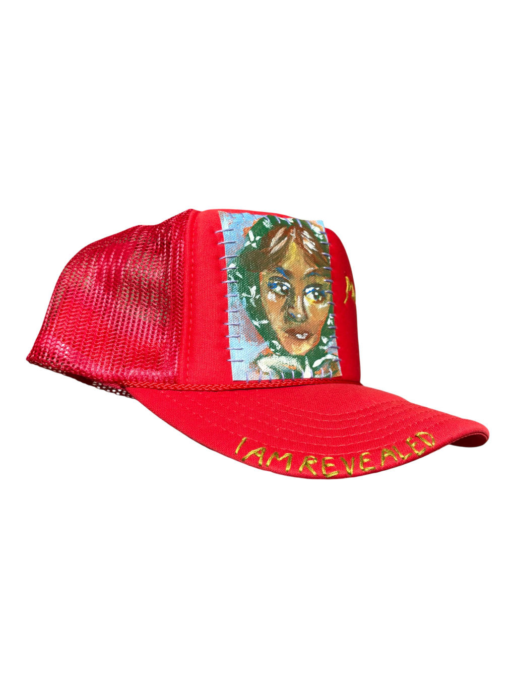 'Made In His Image' Hand-Painted & Embroidered Portrait on a Red Strap-back Trucker by Makenna Morales • Unisex