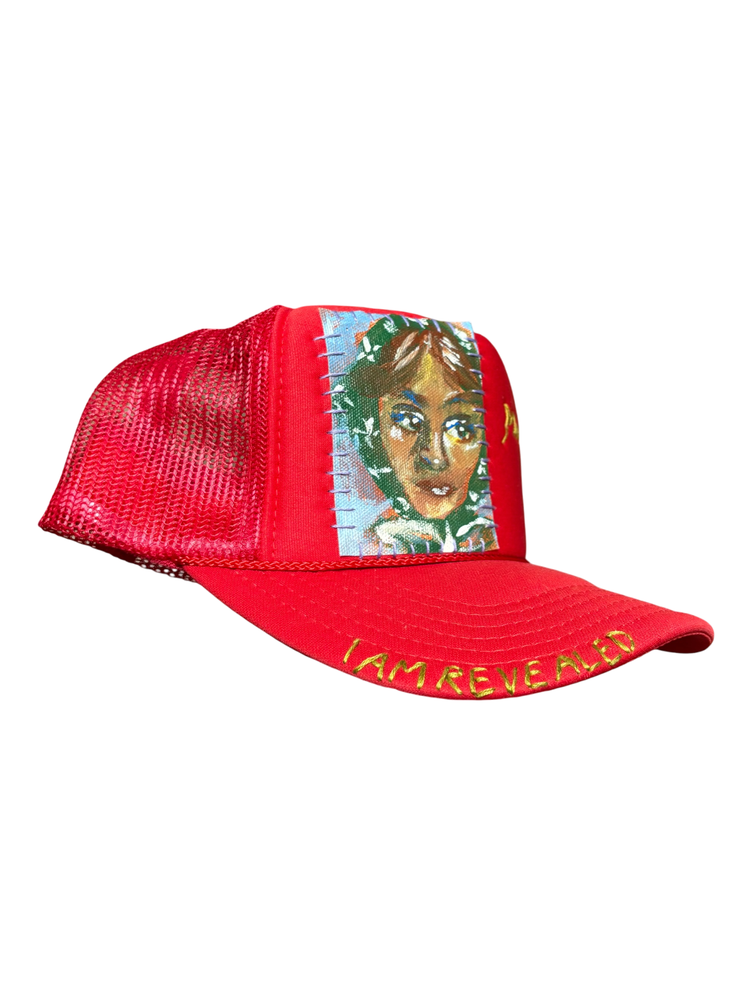 'Made In His Image' Hand-Painted & Embroidered Portrait on a Red Strap-back Trucker by Makenna Morales • Unisex