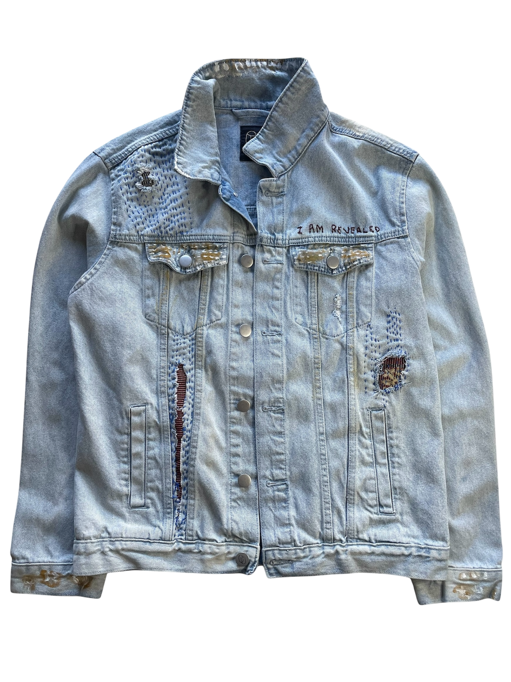 Hand-Painted and Hand-Stitched Portrait Design on Denim Jacket by little b • Unisex • L