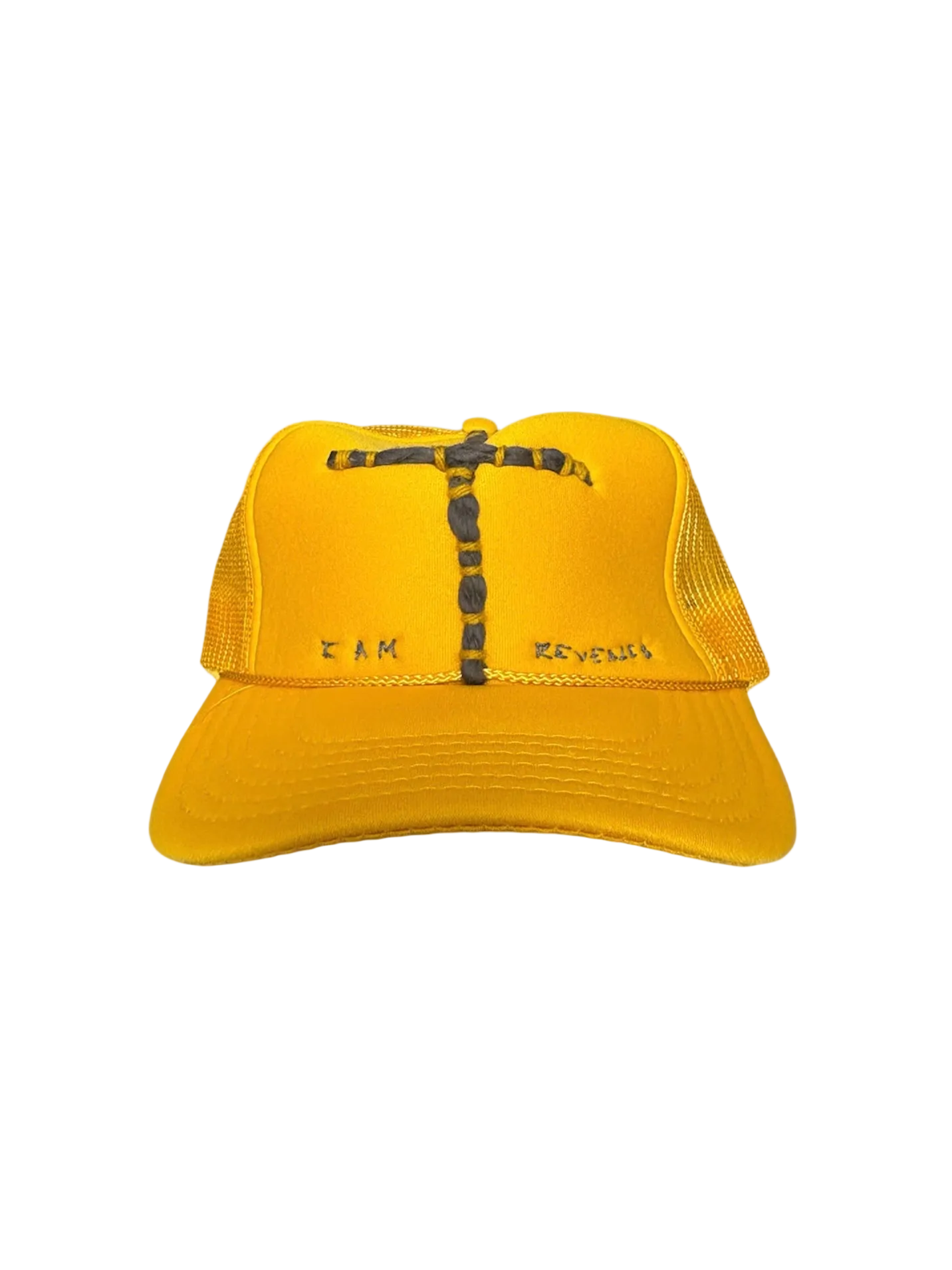 Hand-Embroidered Abstract Cross on a Yellow Strap-back Trucker by Beth Little • Unisex