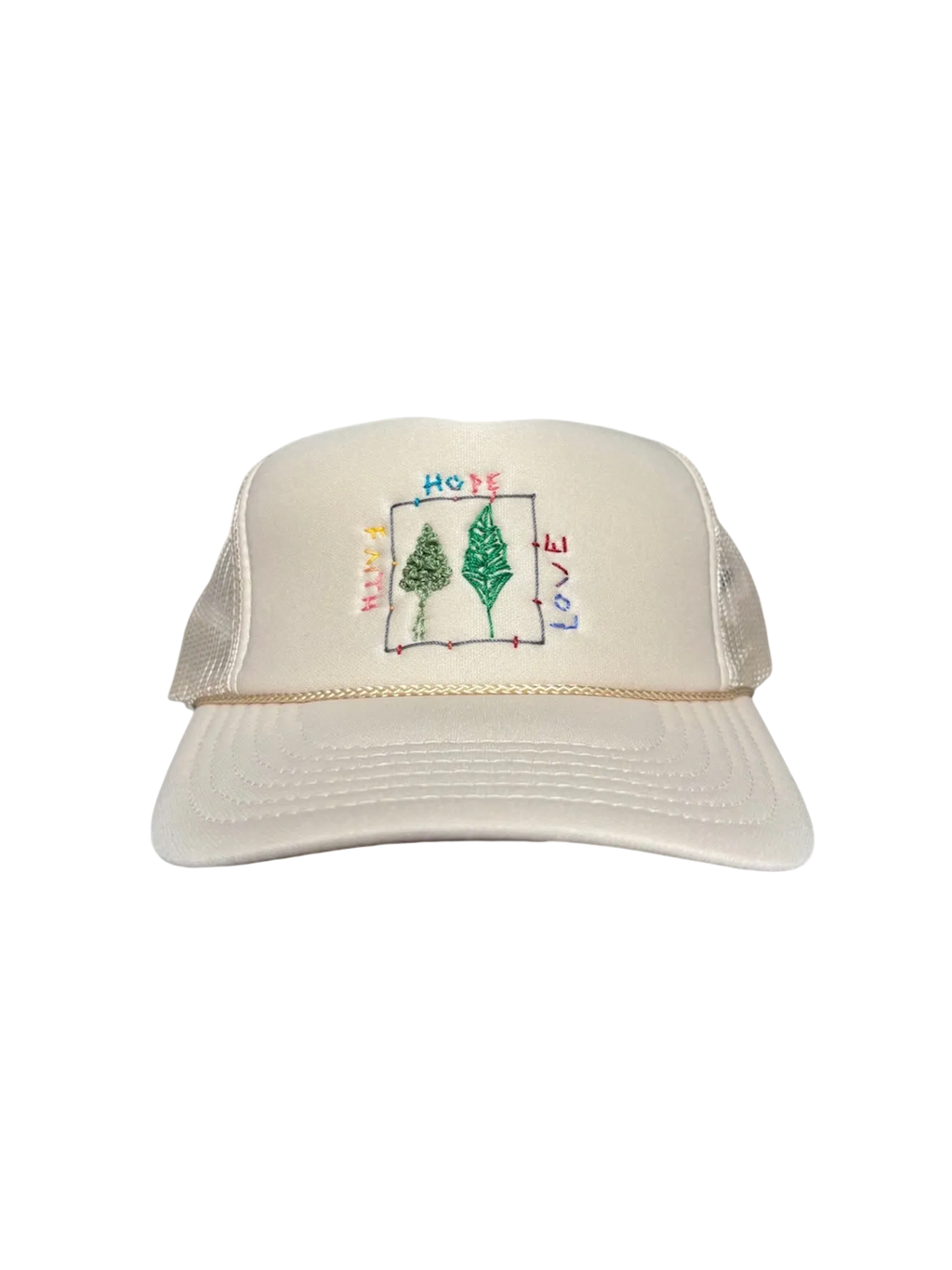 Hand-Embroidered Abstract Trees on a Cream Strap-back Trucker by Beth Little • Unisex