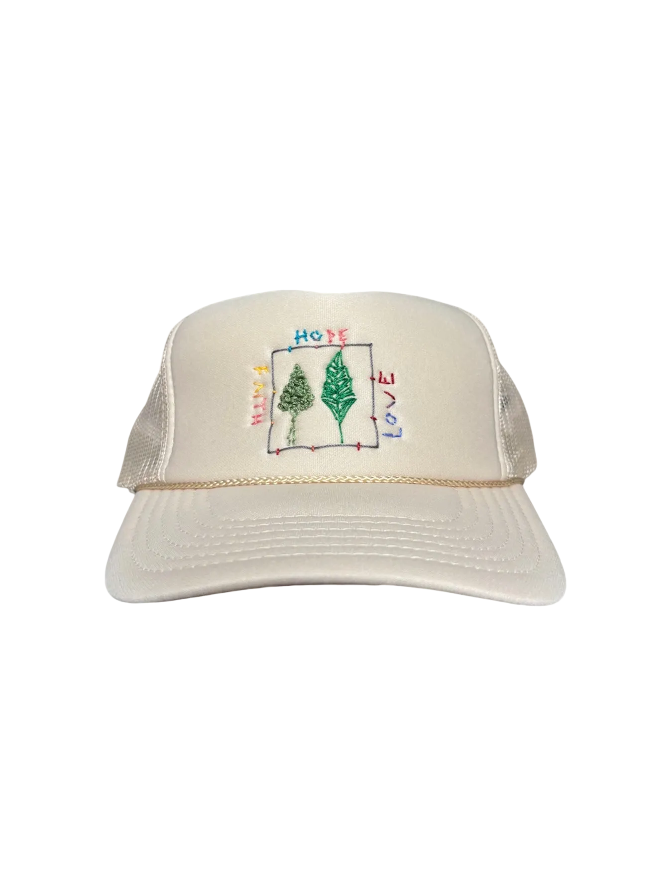 Hand-Embroidered Abstract Trees on a Cream Strap-back Trucker by Beth Little • Unisex