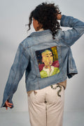 Hand-Painted and Stitched Portrait Design on Denim Jacket by Little b • Unisex • M