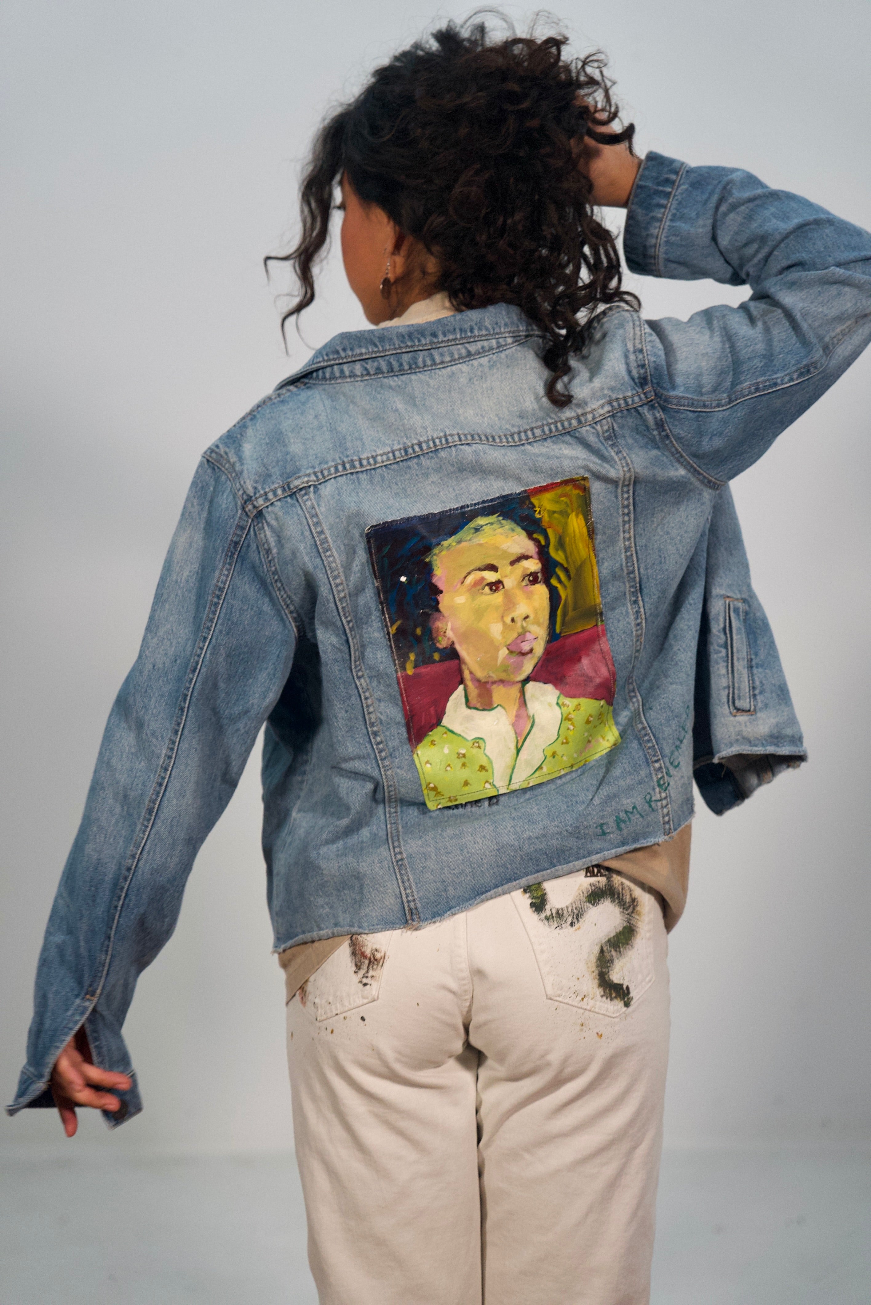 Hand-Painted and Stitched Portrait Design on Denim Jacket by Little b • Unisex • M