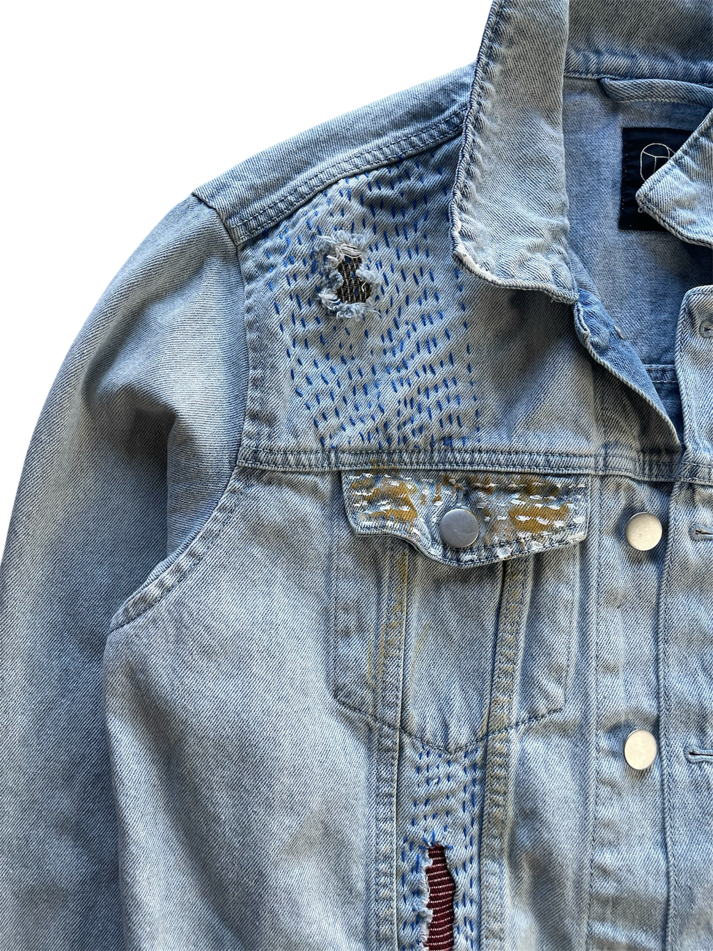 Hand-Painted and Hand-Stitched Portrait Design on Denim Jacket by little b • Unisex • L