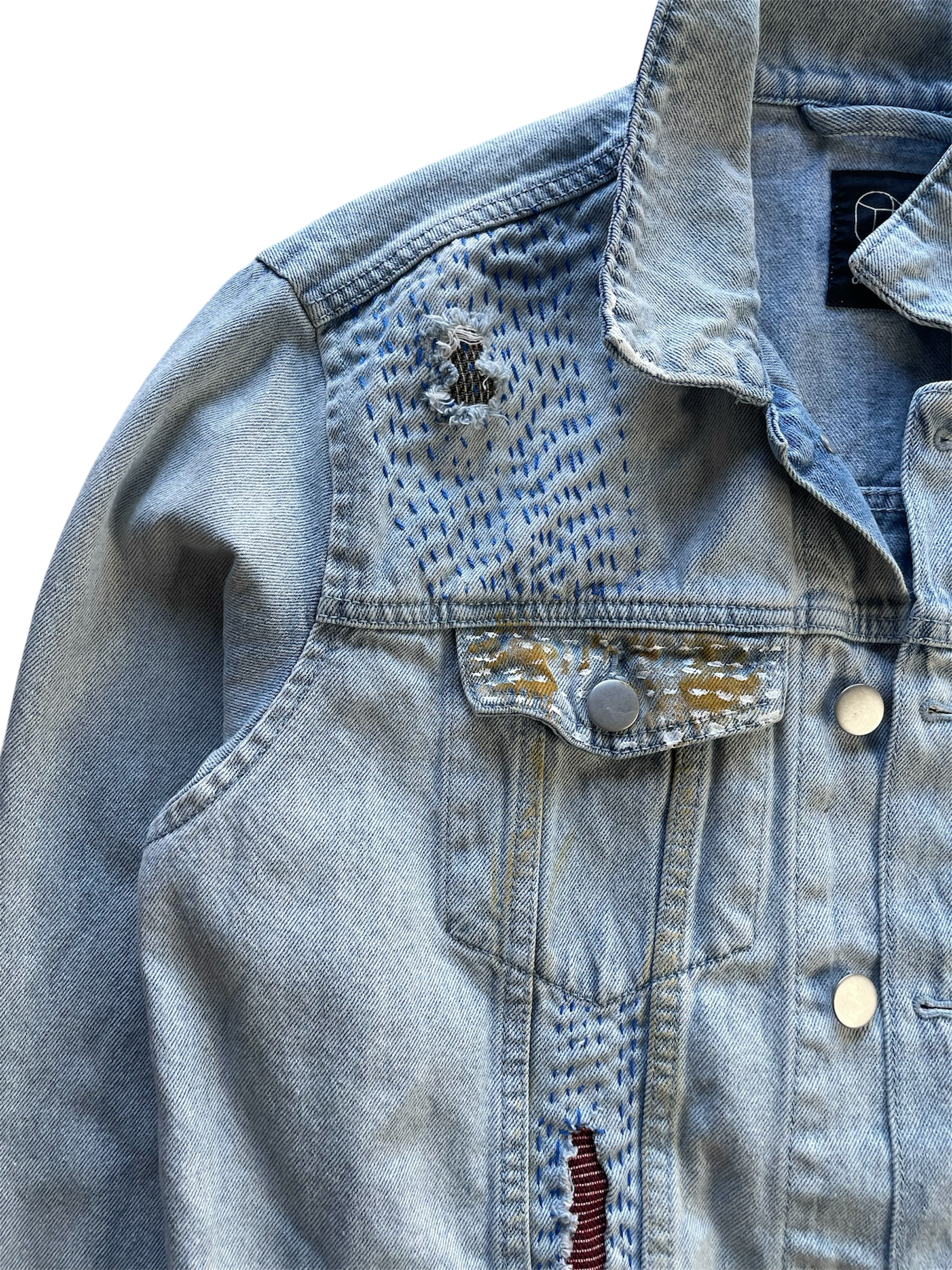 Hand-Painted and Hand-Stitched Portrait Design on Denim Jacket by little b • Unisex • L