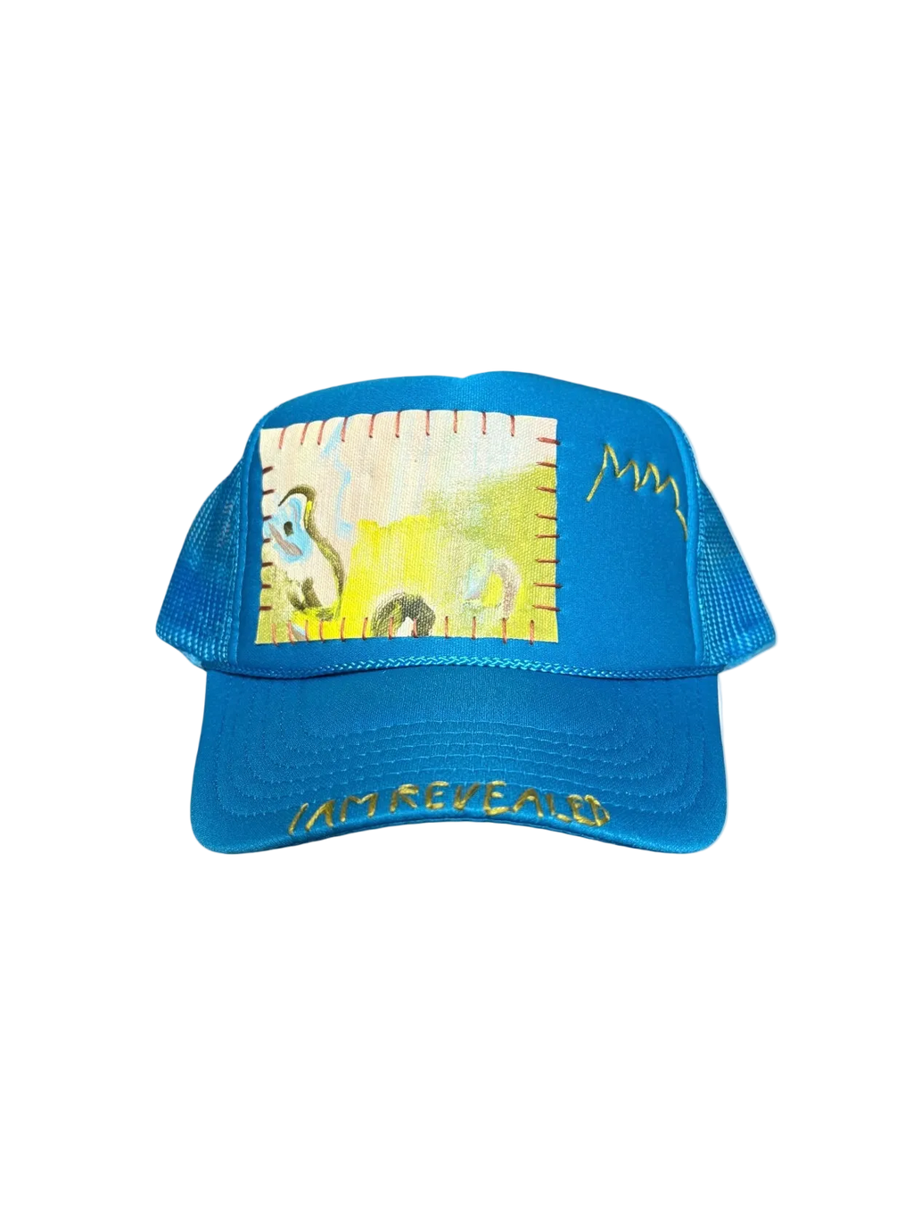 Hand-Painted & Embroidered Abstract Wildflower on a Blue Strap-back Trucker by Makenna Morales • Unisex