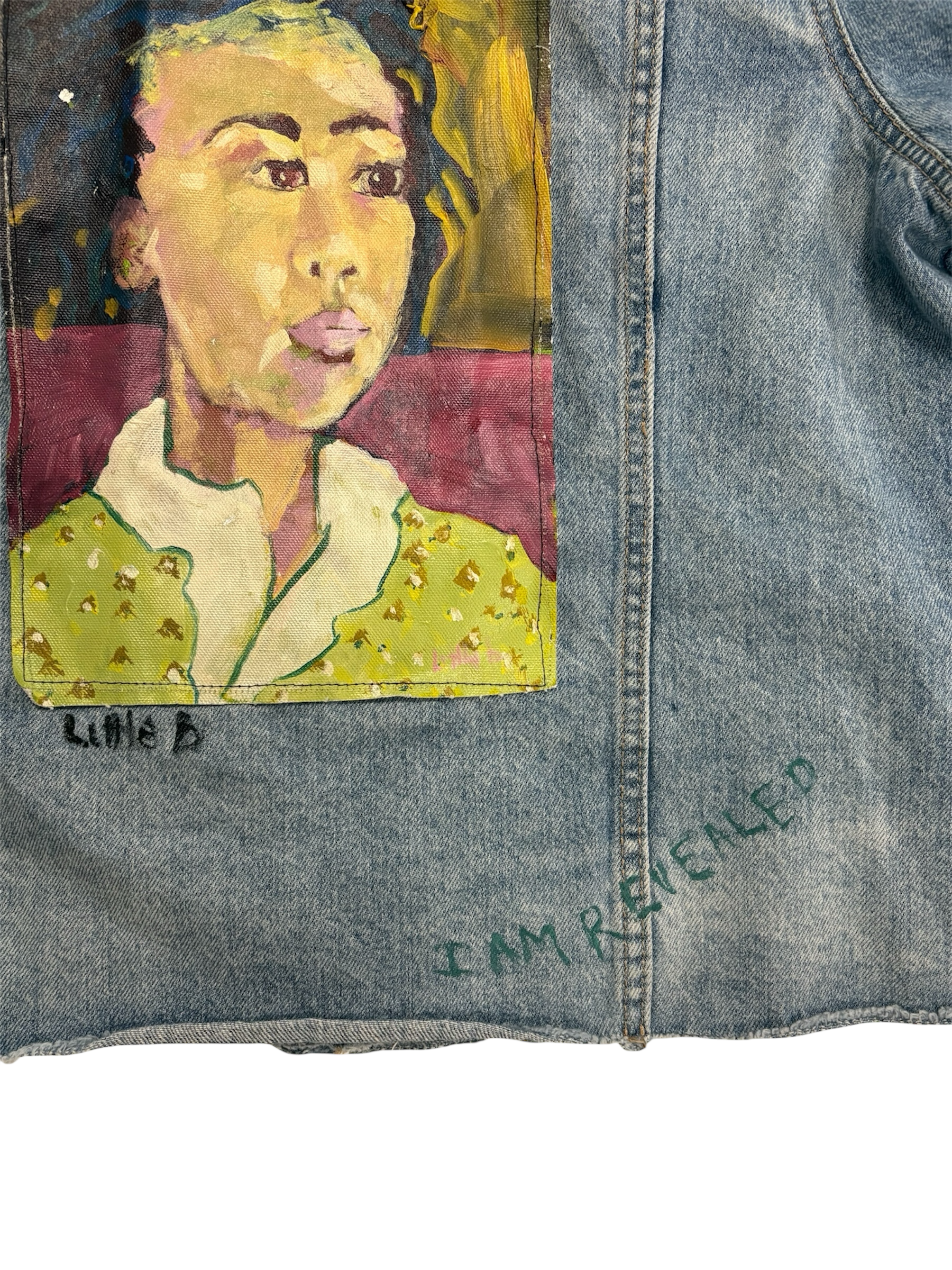 Hand-Painted and Stitched Portrait Design on Denim Jacket by Little b • Unisex • M