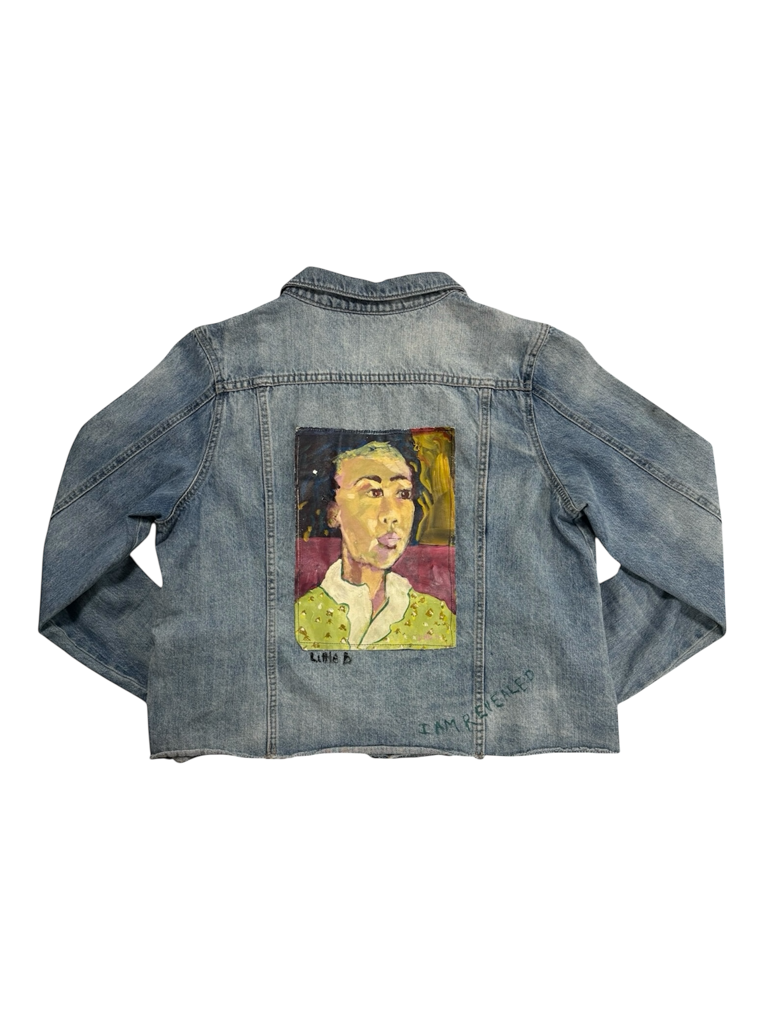 Hand-Painted and Stitched Portrait Design on Denim Jacket by Little b • Unisex • M