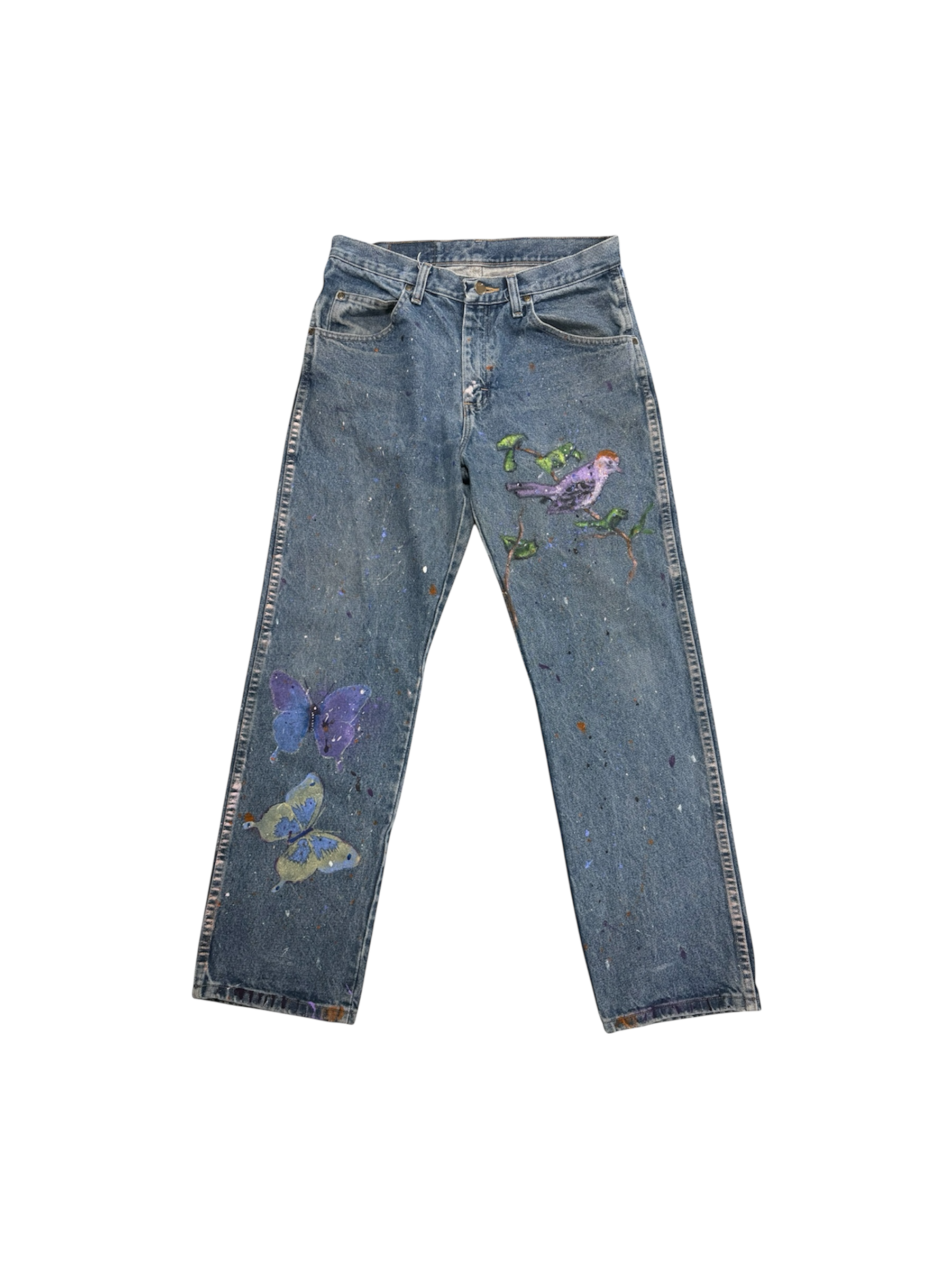 Hand-Painted Bird & Butterfly Design on Denim Jeans by Little b • 33x30