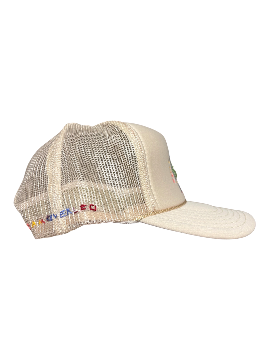 Hand-Embroidered Abstract Trees on a Cream Strap-back Trucker by Beth Little • Unisex