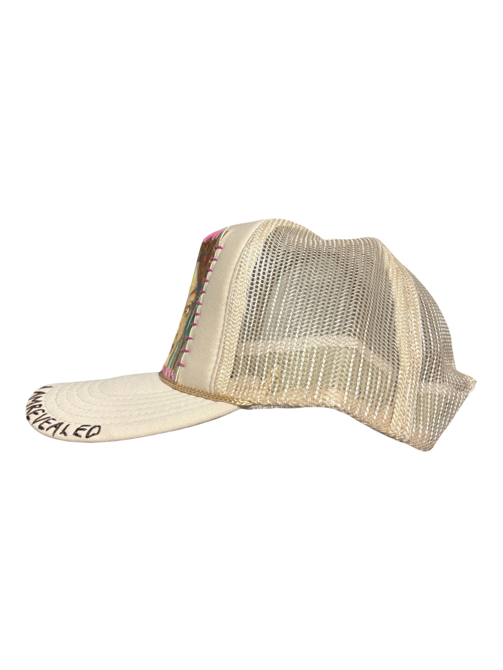 'Made In His Image' Hand-Painted & Embroidered Portrait on a Cream Strap-back Trucker by Makenna Morales • Unisex