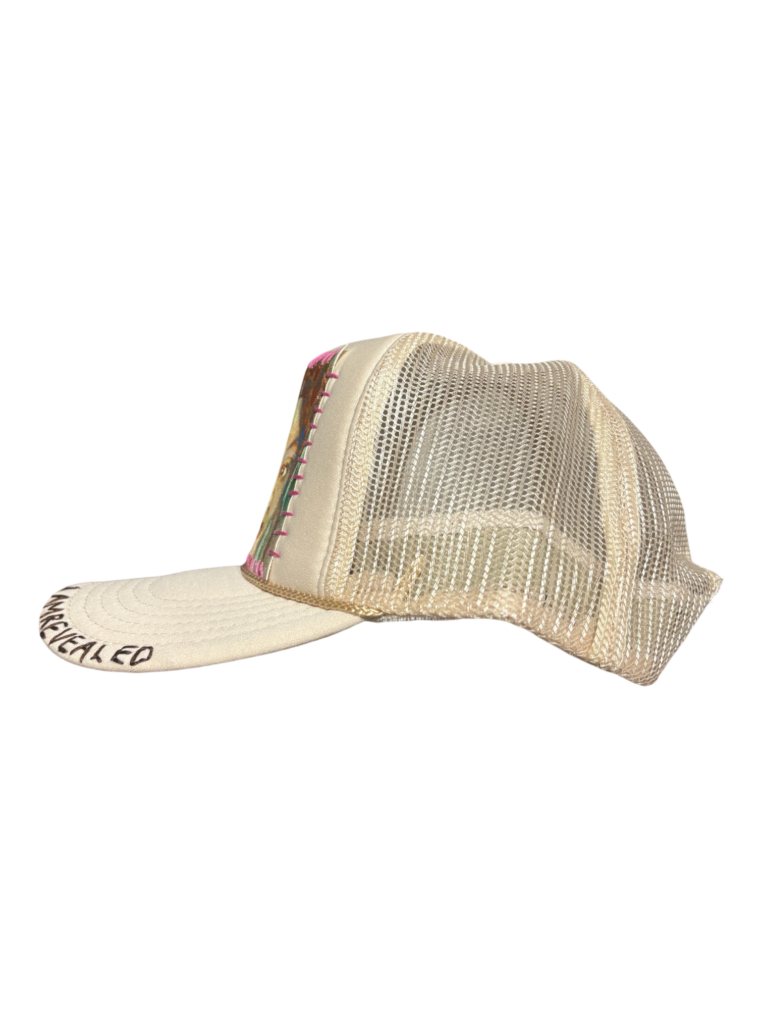 'Made In His Image' Hand-Painted & Embroidered Portrait on a Cream Strap-back Trucker by Makenna Morales • Unisex