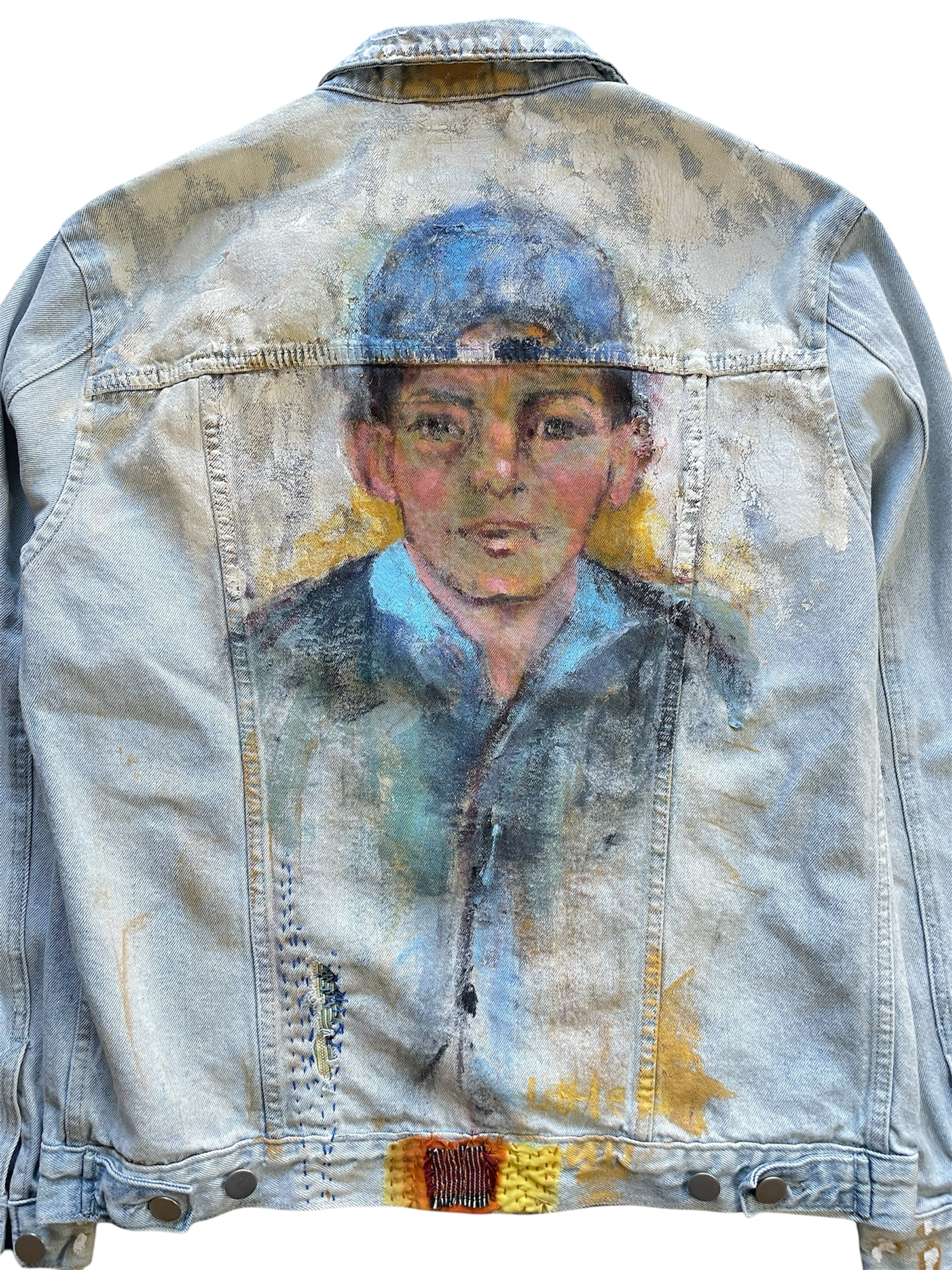 Hand-Painted and Hand-Stitched Portrait Design on Denim Jacket by little b • Unisex • L