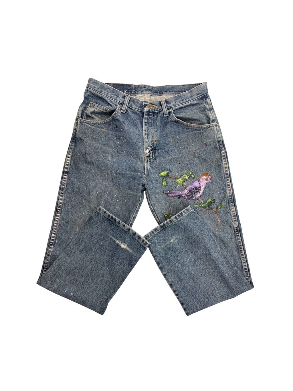 Hand-Painted Bird & Butterfly Design on Denim Jeans by Little b • 33x30