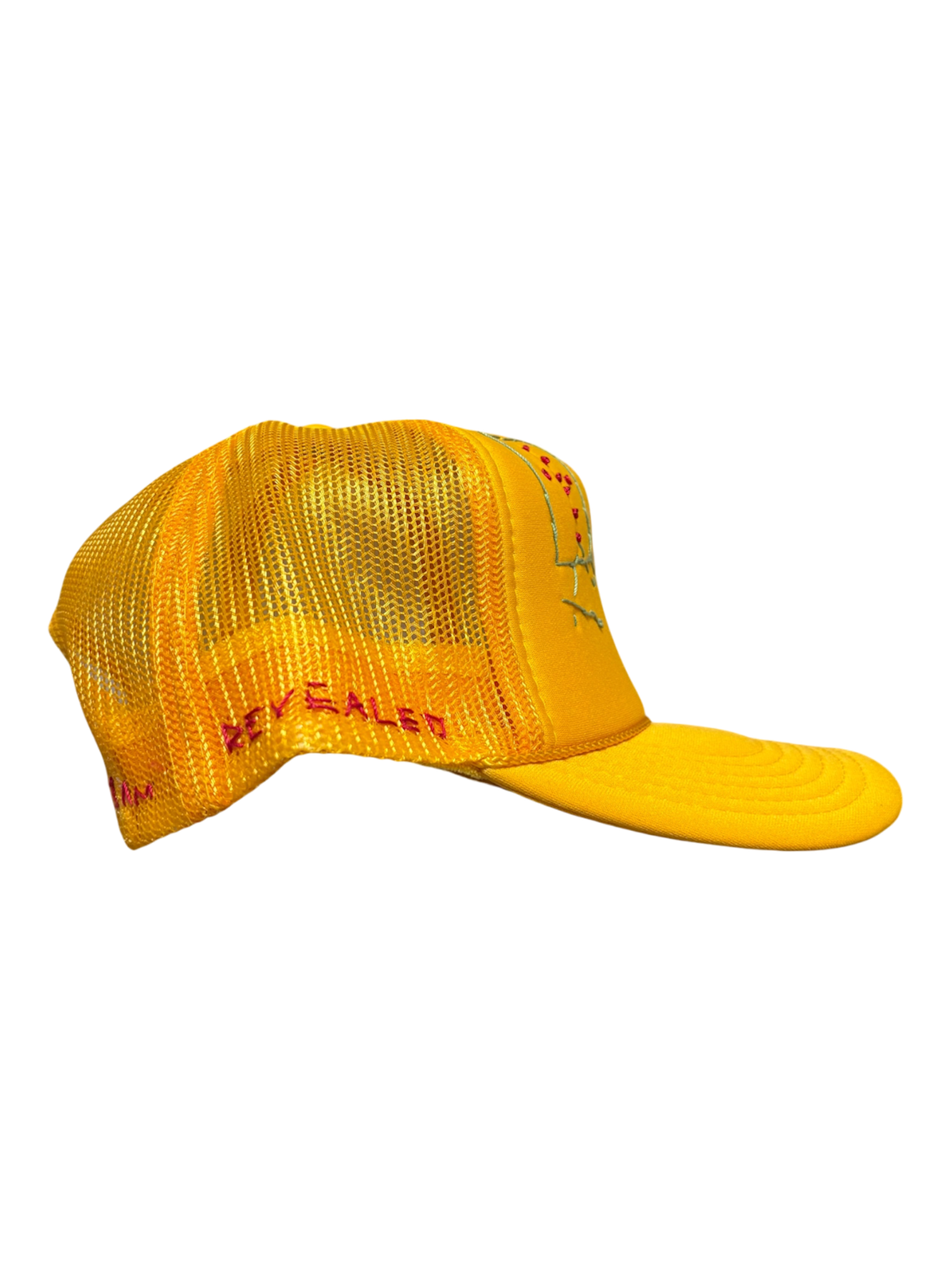 Hand-Embroidered Mixed-Media Abstract Cross on a Yellow Strap-back Trucker by Beth Little • Unisex