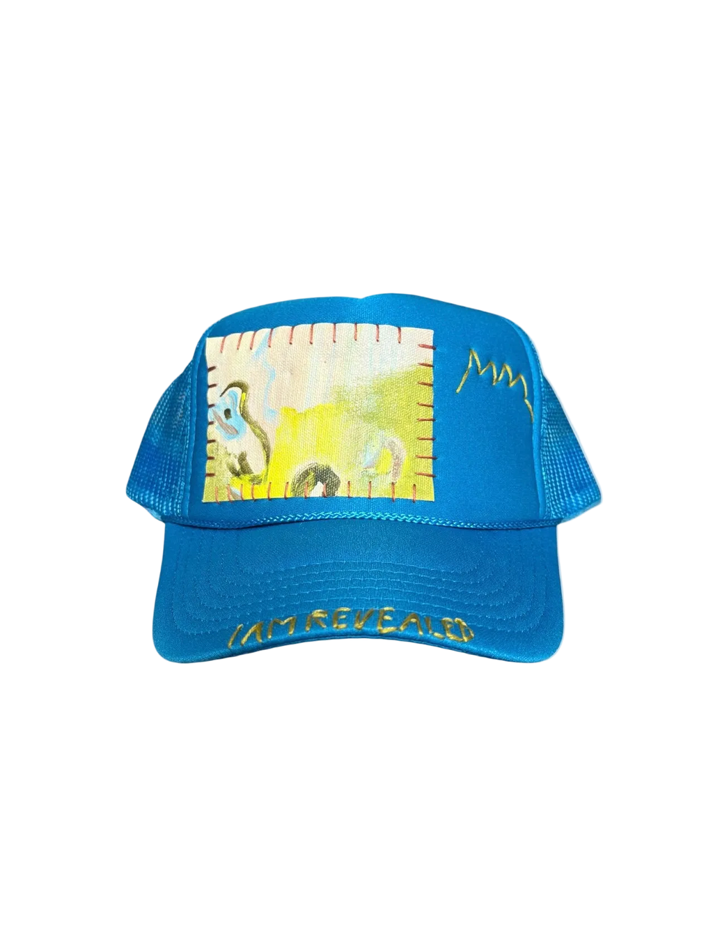 Hand-Painted & Embroidered Abstract Wildflower on a Blue Strap-back Trucker by Makenna Morales • Unisex