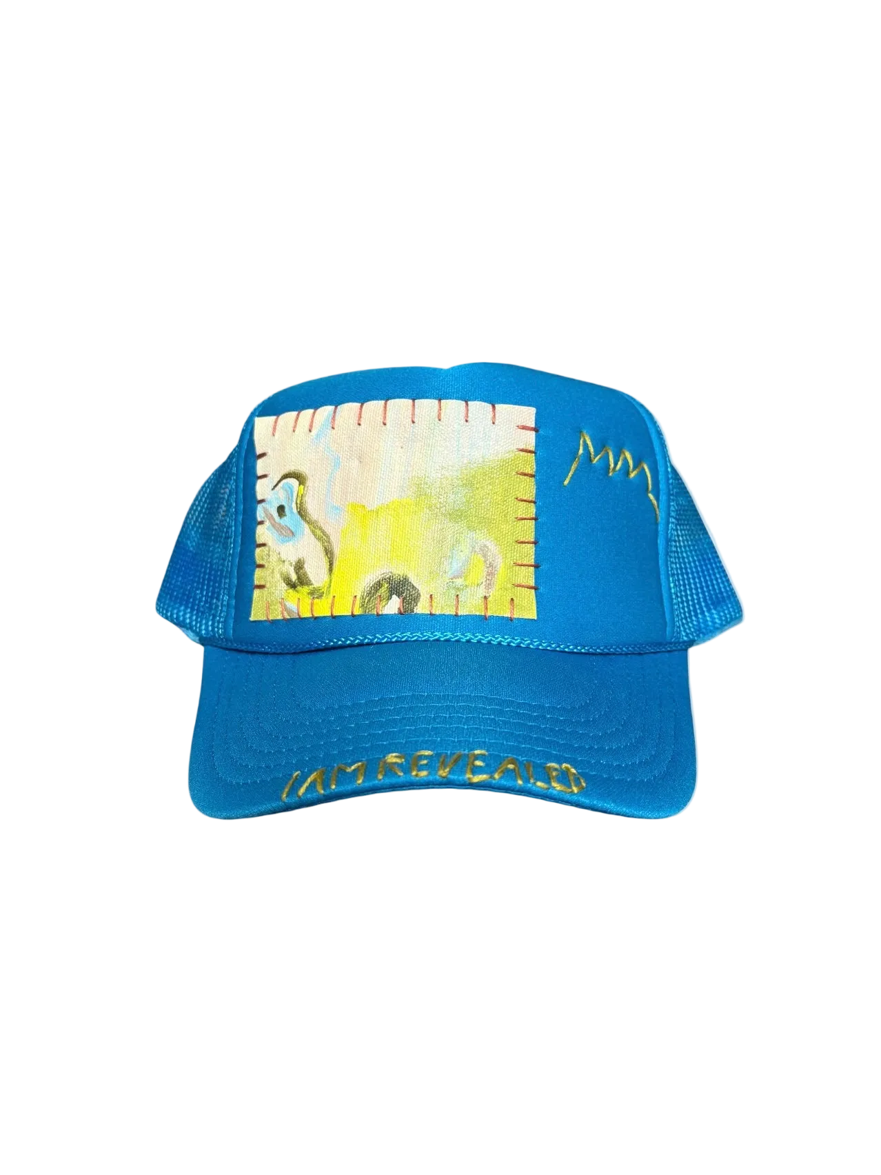 Hand-Painted & Embroidered Abstract Wildflower on a Blue Strap-back Trucker by Makenna Morales • Unisex