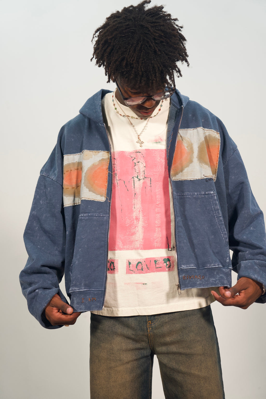 Hand-Stitched Design on Blue Cropped Zip-Up Hoodie by Little b • Unisex • L