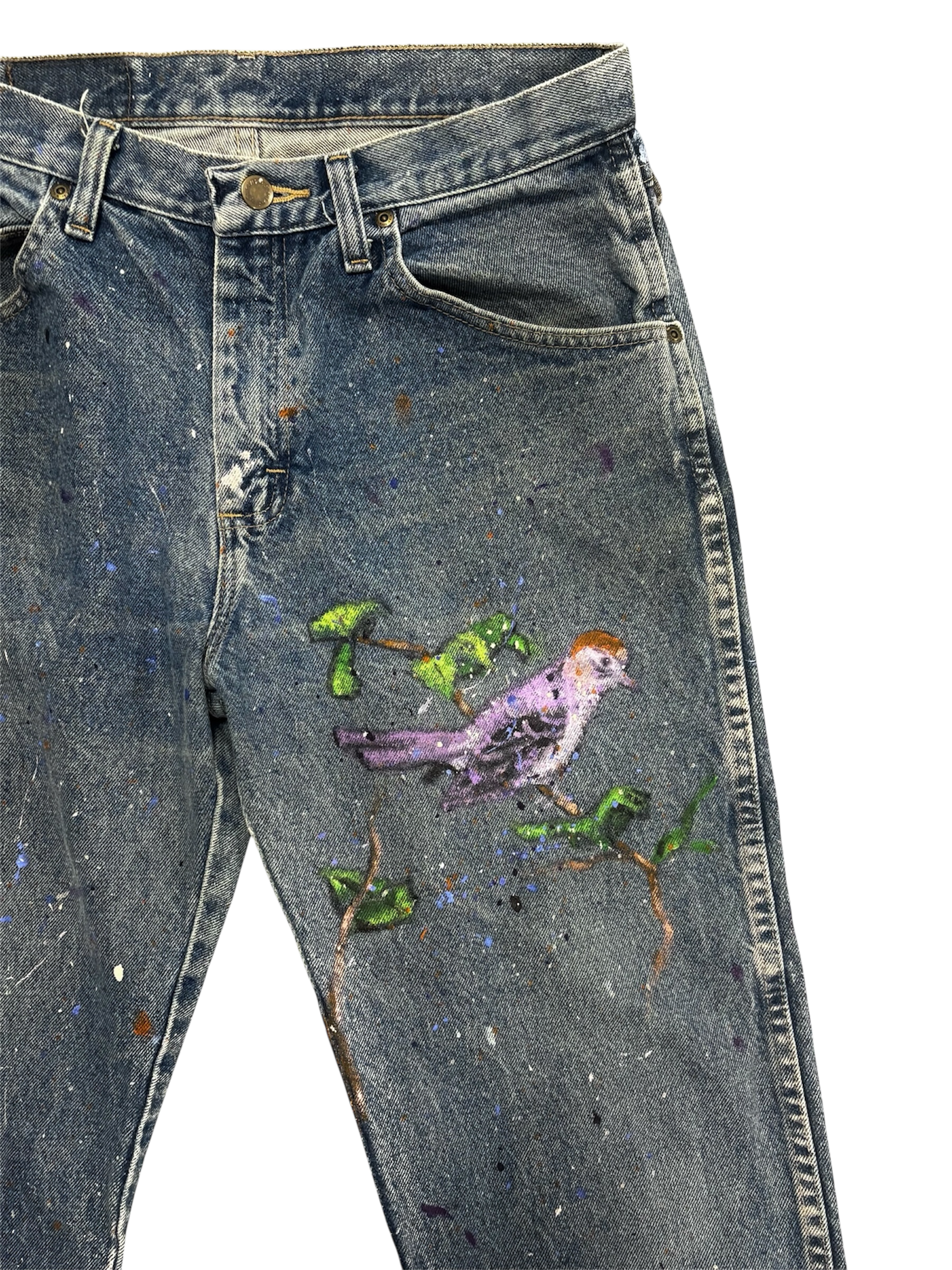 Hand-Painted Bird & Butterfly Design on Denim Jeans by Little b • 33x30