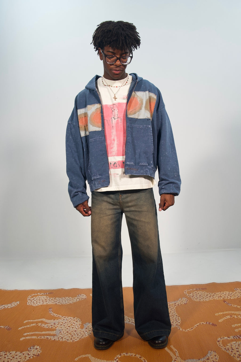 Hand-Stitched Design on Blue Cropped Zip-Up Hoodie by Little b • Unisex • L