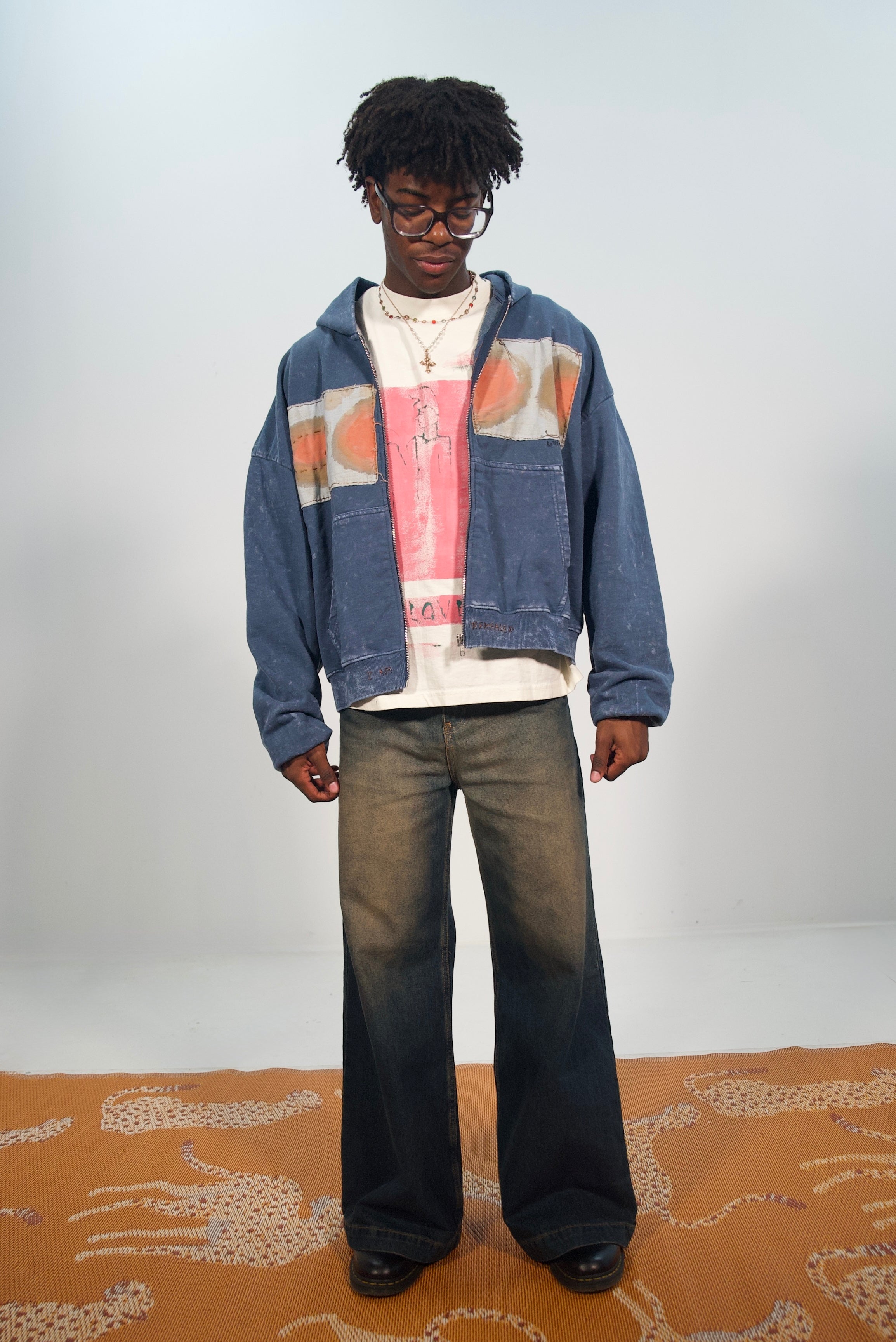 Hand-Stitched Design on Blue Cropped Zip-Up Hoodie by Little b • Unisex • L