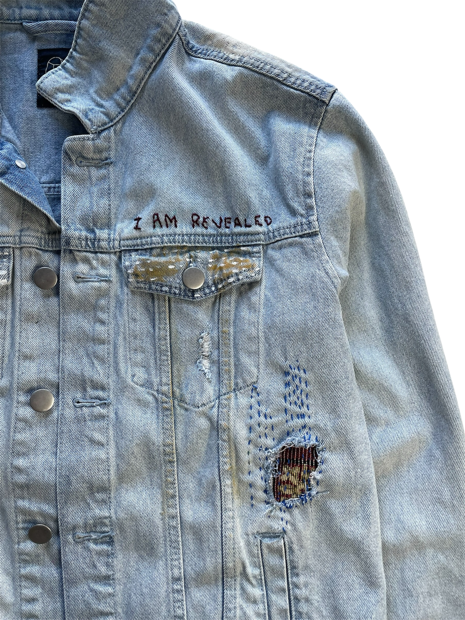 Hand-Painted and Hand-Stitched Portrait Design on Denim Jacket by little b • Unisex • L