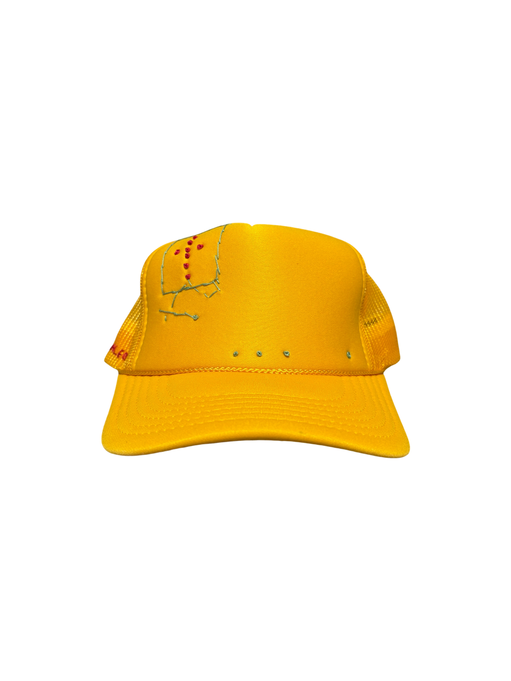 Hand-Embroidered Mixed-Media Abstract Cross on a Yellow Strap-back Trucker by Beth Little • Unisex