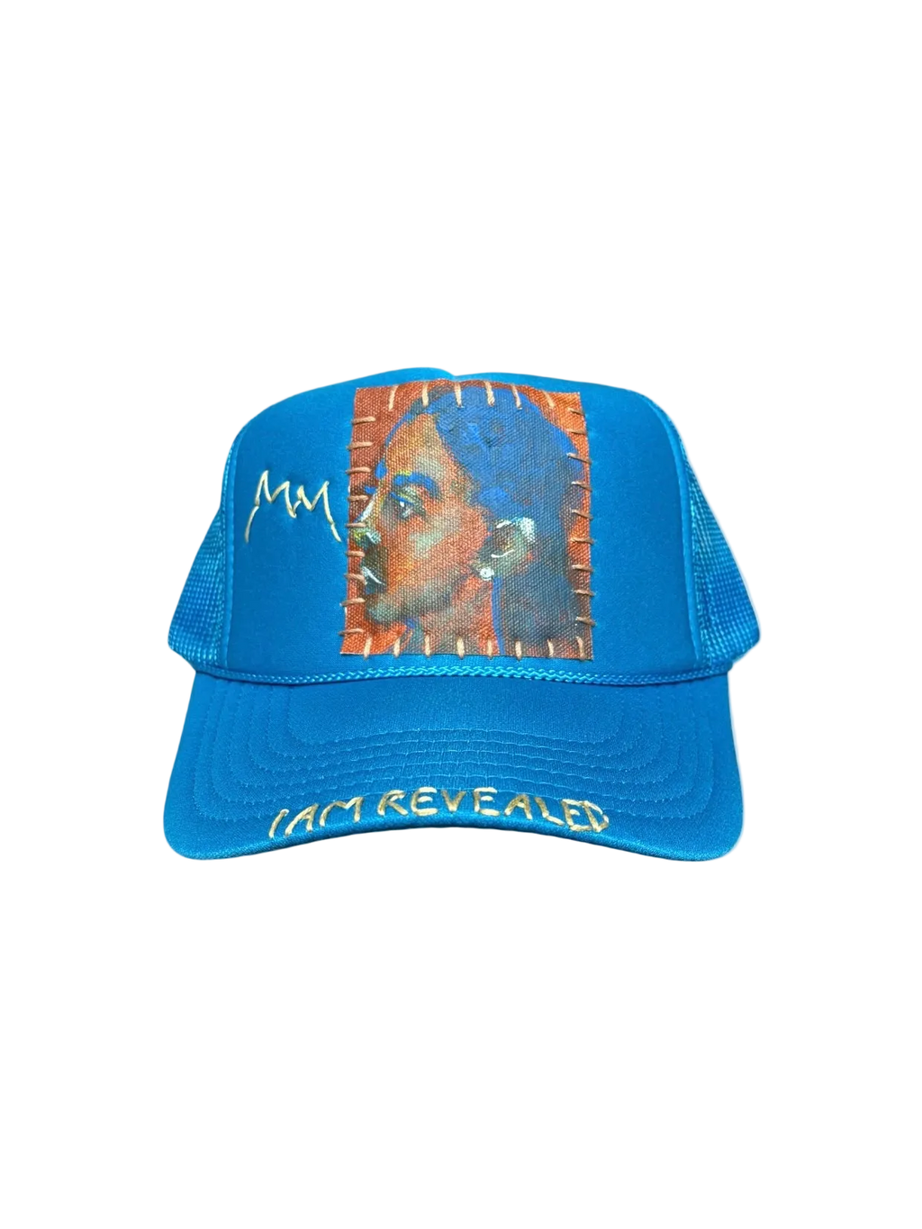 'Made In His Image' Hand-Painted & Embroidered Portrait on a Blue Strap-back Trucker by Makenna Morales • Unisex