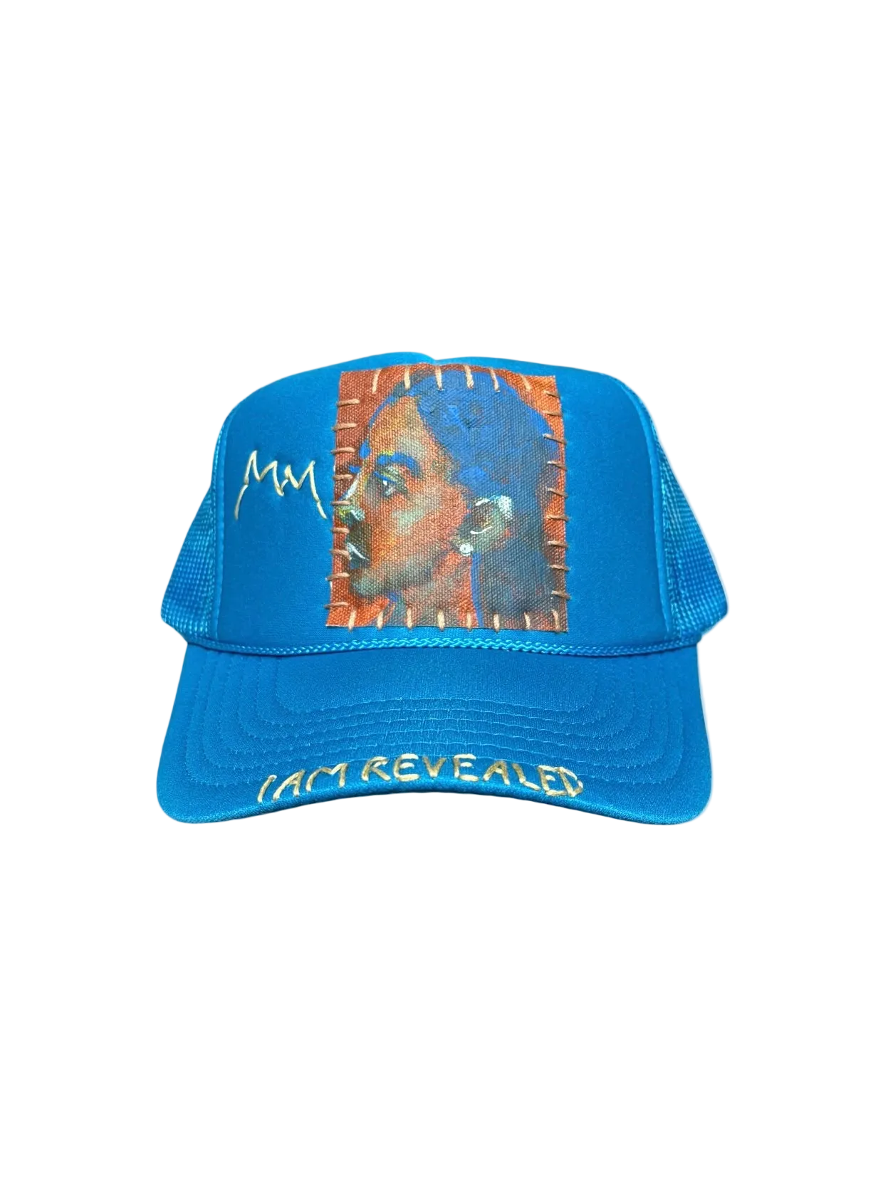'Made In His Image' Hand-Painted & Embroidered Portrait on a Blue Strap-back Trucker by Makenna Morales • Unisex