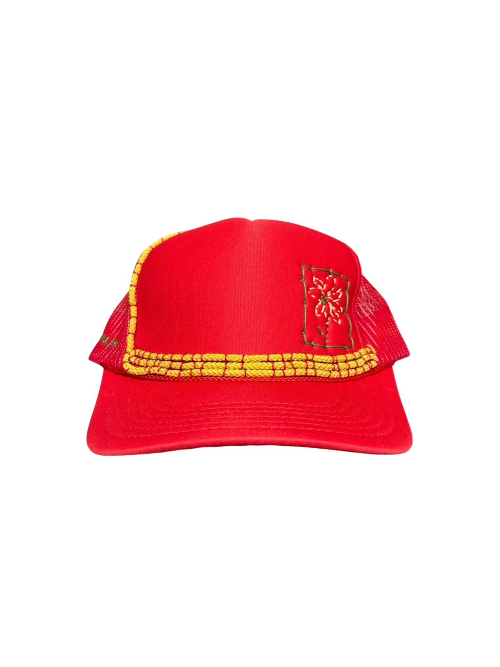 Hand-Embroidered Mixed-Media Sunflower on a Red Strap-back Trucker by Beth Little • Unisex