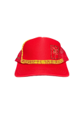 Hand-Embroidered Mixed-Media Sunflower on a Red Strap-back Trucker by Beth Little • Unisex