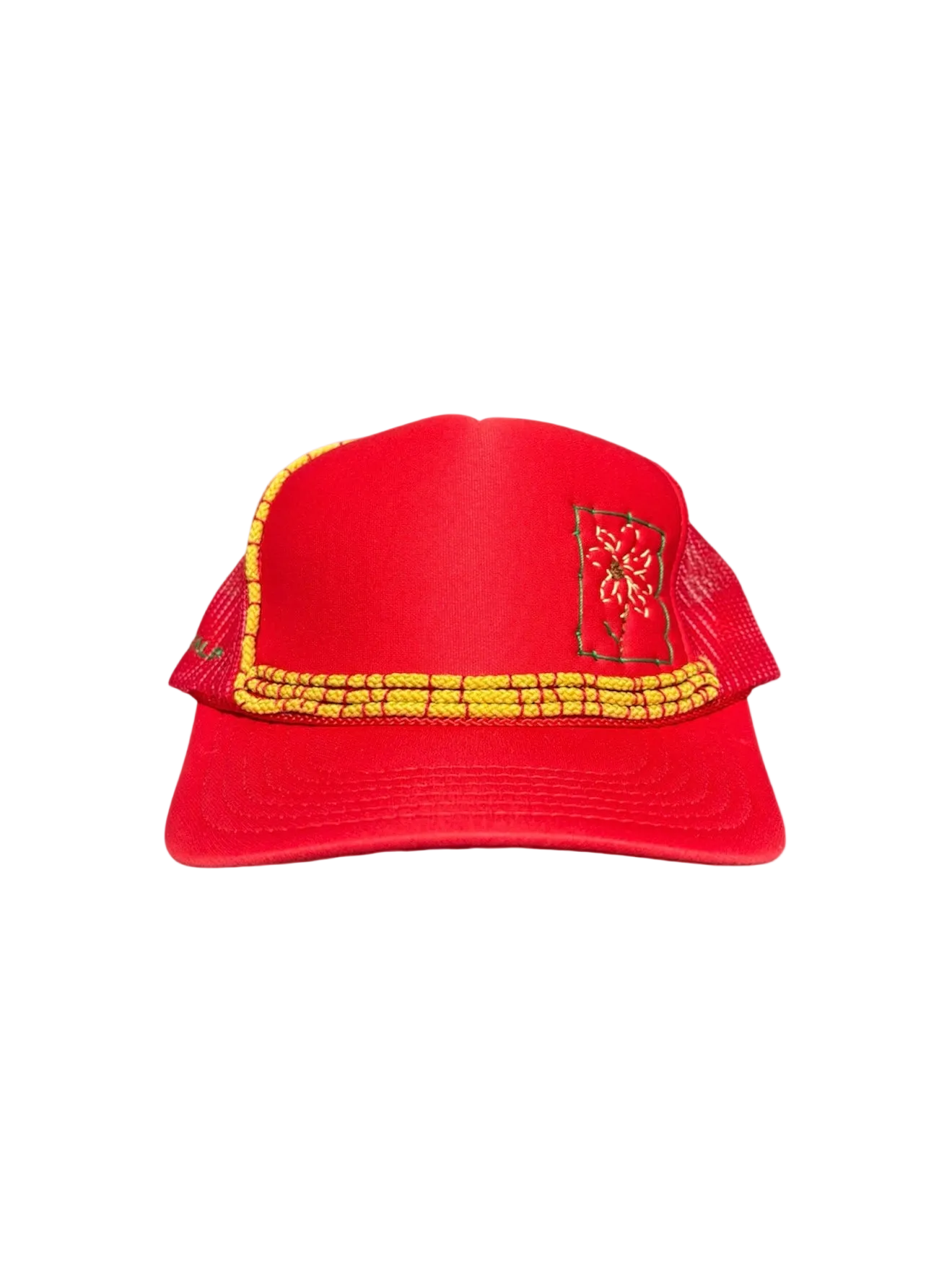 Hand-Embroidered Mixed-Media Sunflower on a Red Strap-back Trucker by Beth Little • Unisex