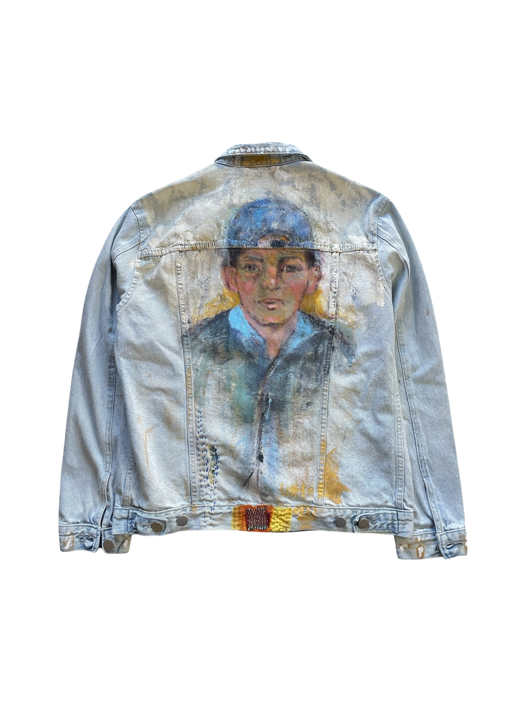 Hand-Painted and Hand-Stitched Portrait Design on Denim Jacket by little b • Unisex • L