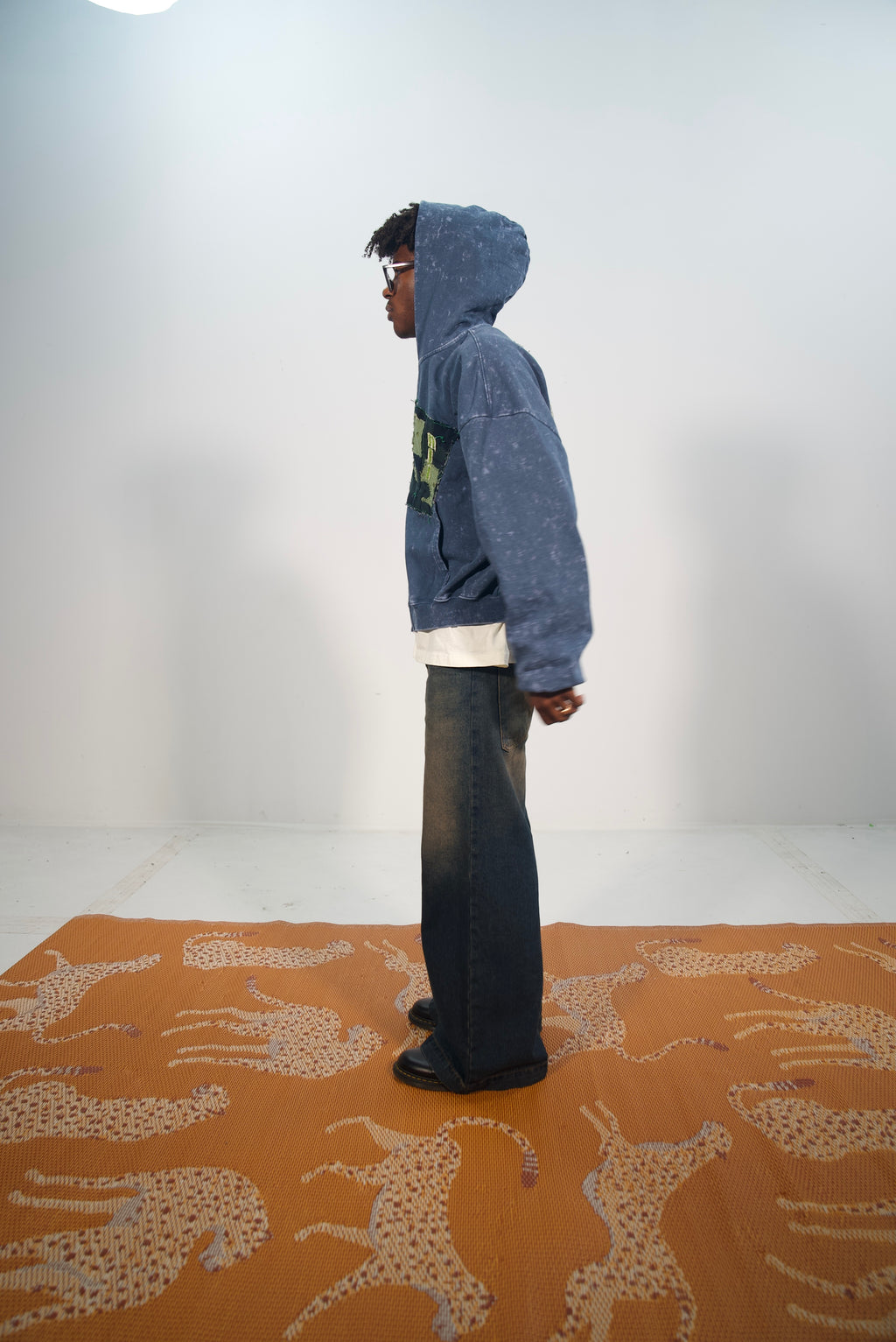 Hand-Stitched Portrait and Abstract Design on Blue Cropped Zip-Up Hoodie by Little b • Unisex • 2XL