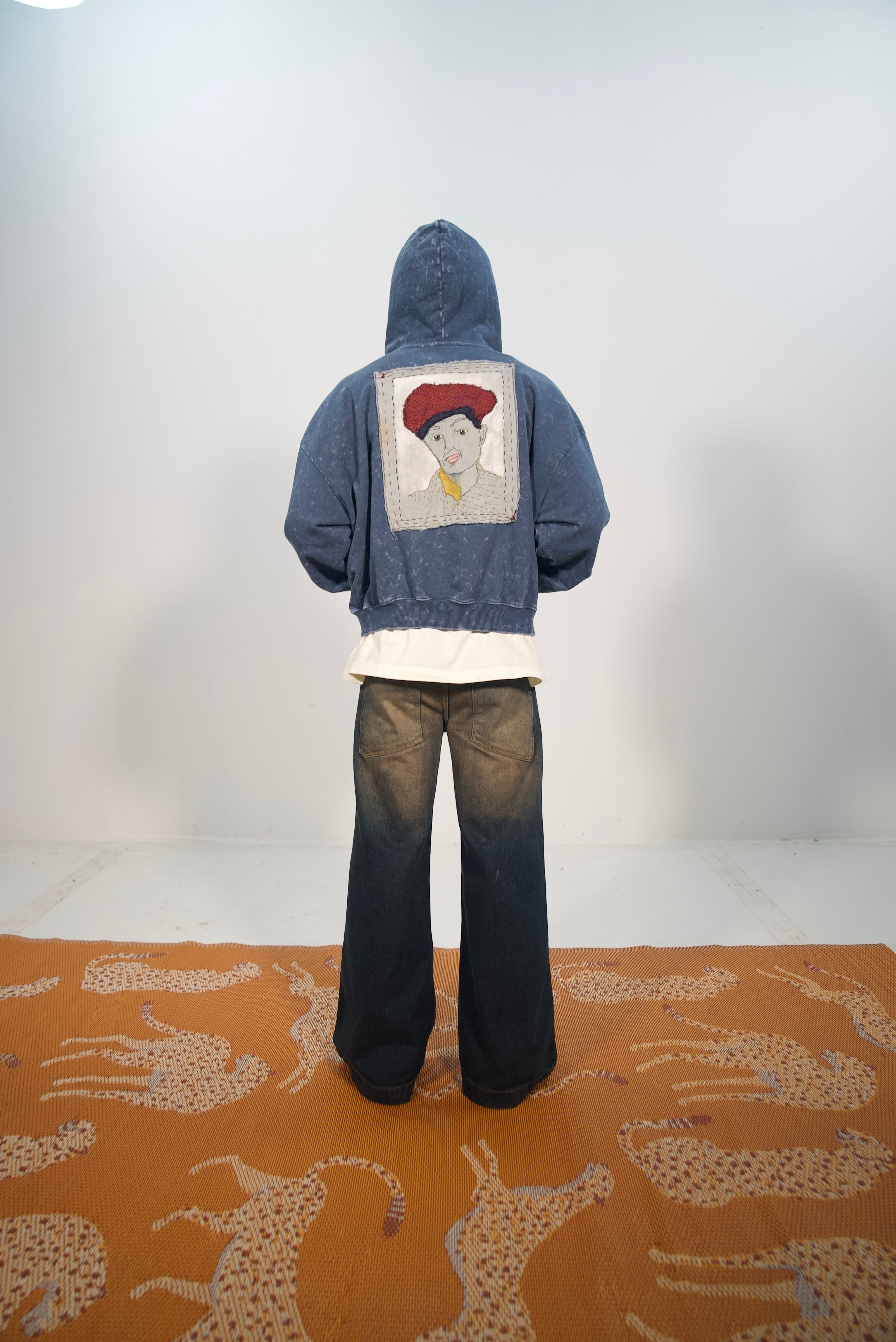 Hand-Stitched Portrait and Abstract Design on Blue Cropped Zip-Up Hoodie by Little b • Unisex • 2XL