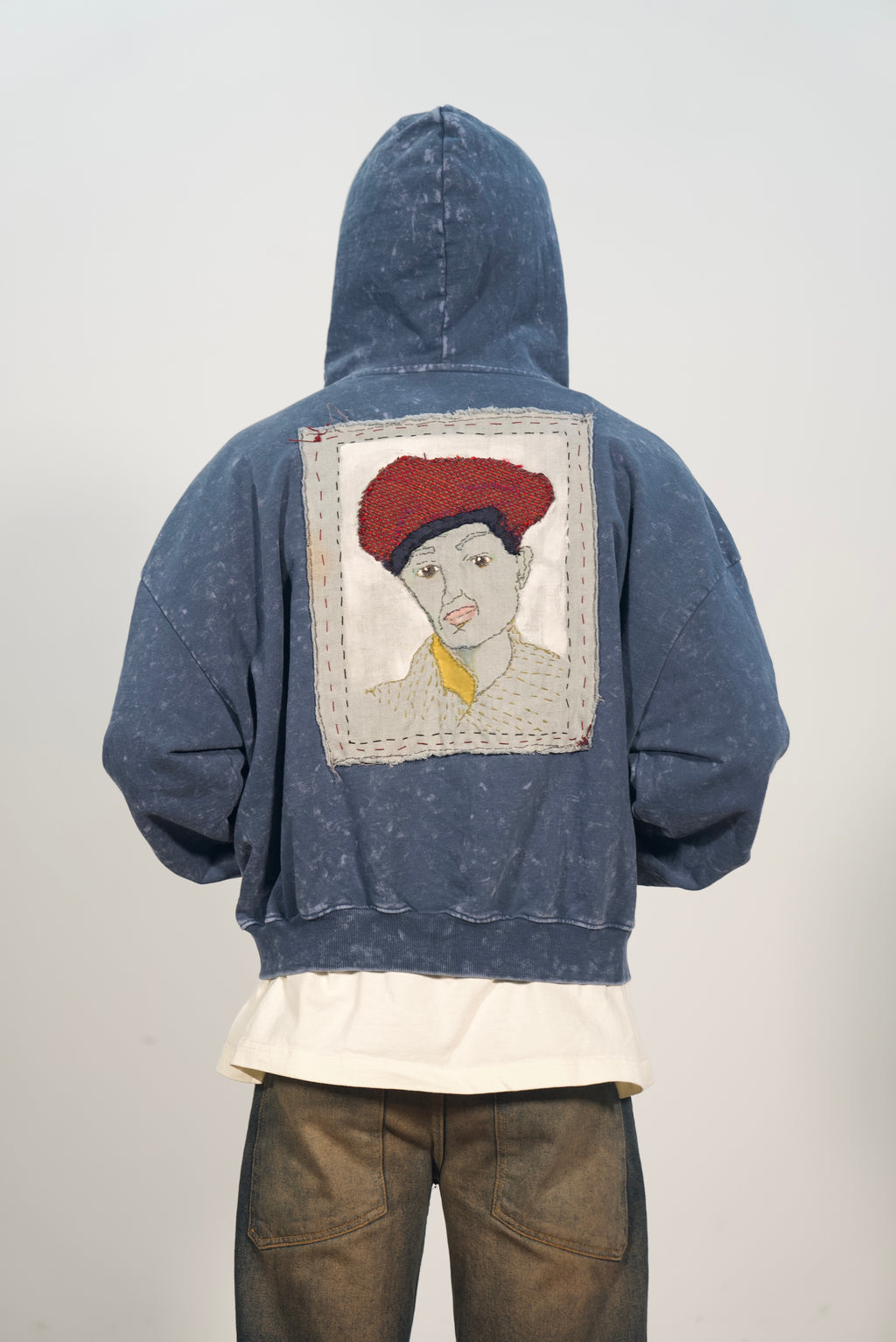 Hand-Stitched Portrait and Abstract Design on Blue Cropped Zip-Up Hoodie by Little b • Unisex • 2XL