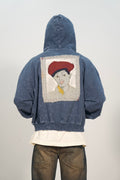 Hand-Stitched Portrait and Abstract Design on Blue Cropped Zip-Up Hoodie by Little b • Unisex • 2XL