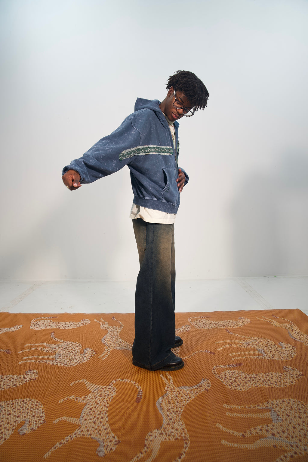 Hand-Stitched Portrait and Abstract Design on Blue Cropped Zip-Up Hoodie by Little b • Unisex • 2XL